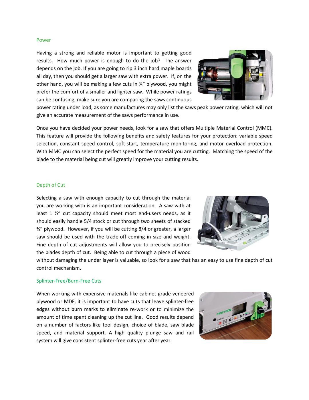 Festool TS 75 EQ manual Power, Splinter‐Free/Burn‐Free Cuts 