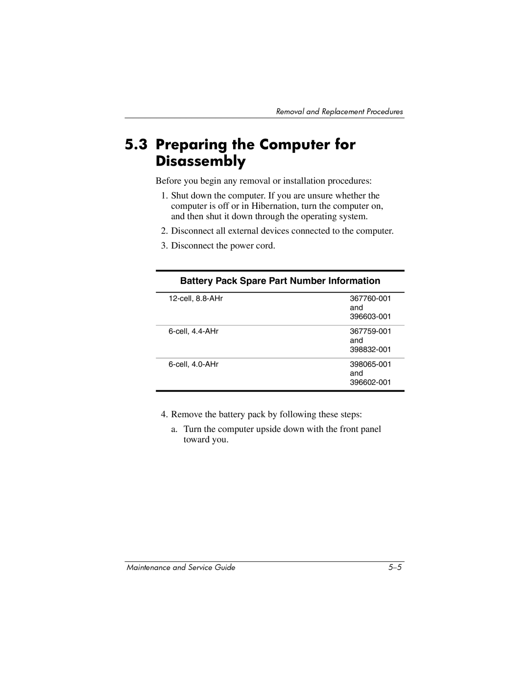 FHP DV1400 manual Preparing the Computer for Disassembly, Battery Pack Spare Part Number Information 