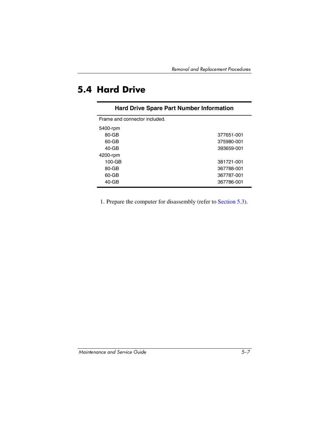 FHP DV1400 manual Hard Drive Spare Part Number Information 