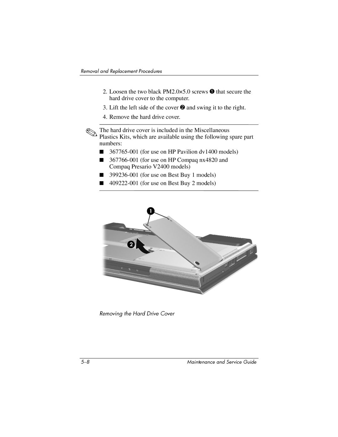 FHP DV1400 manual Removing the Hard Drive Cover 