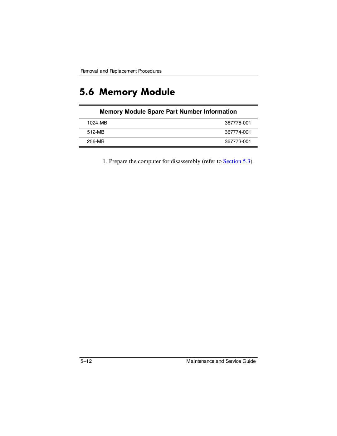 FHP DV1400 manual Memory Module Spare Part Number Information 