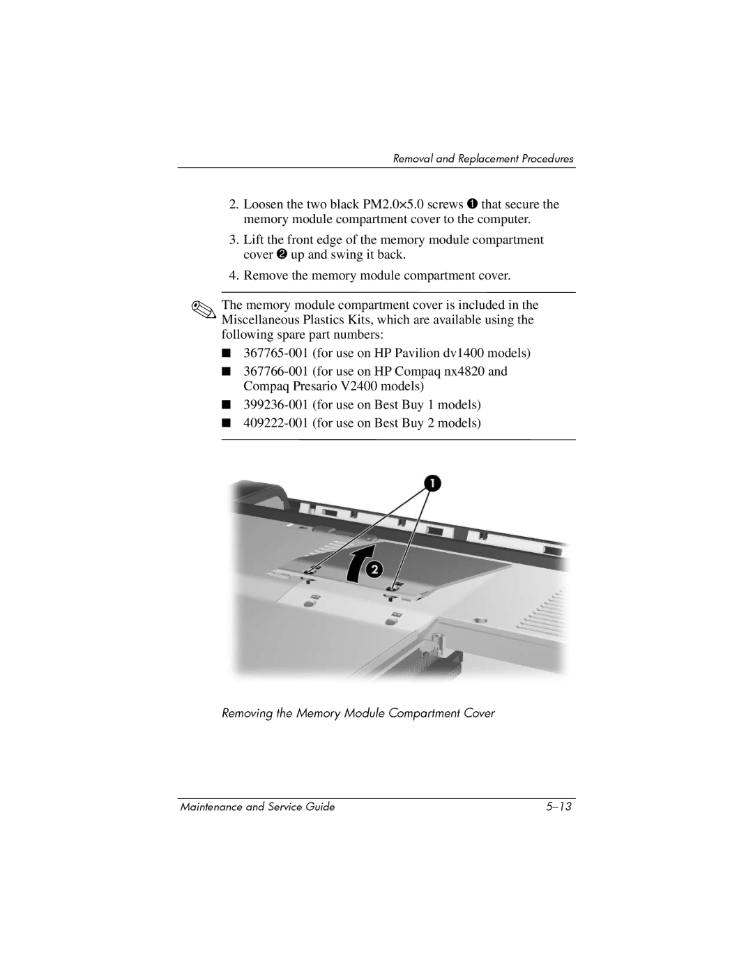 FHP DV1400 manual Removing the Memory Module Compartment Cover 