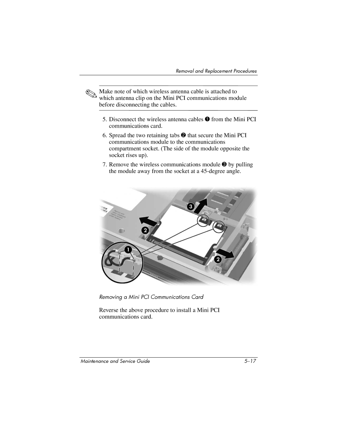 FHP DV1400 manual Removing a Mini PCI Communications Card 