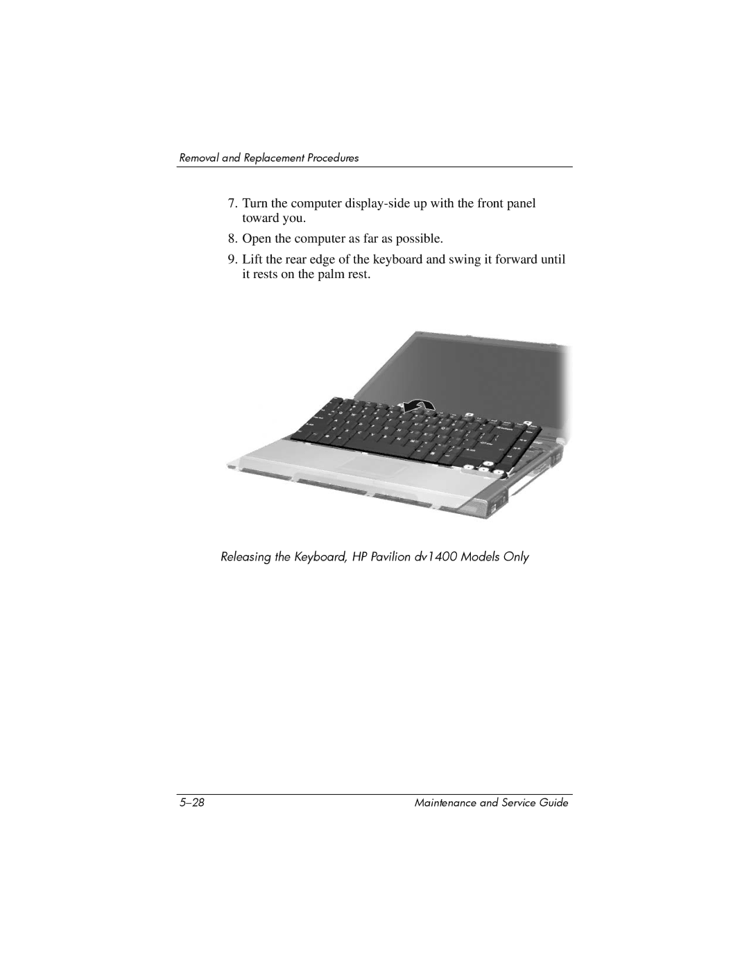 FHP DV1400 manual Releasing the Keyboard, HP Pavilion dv1400 Models Only 