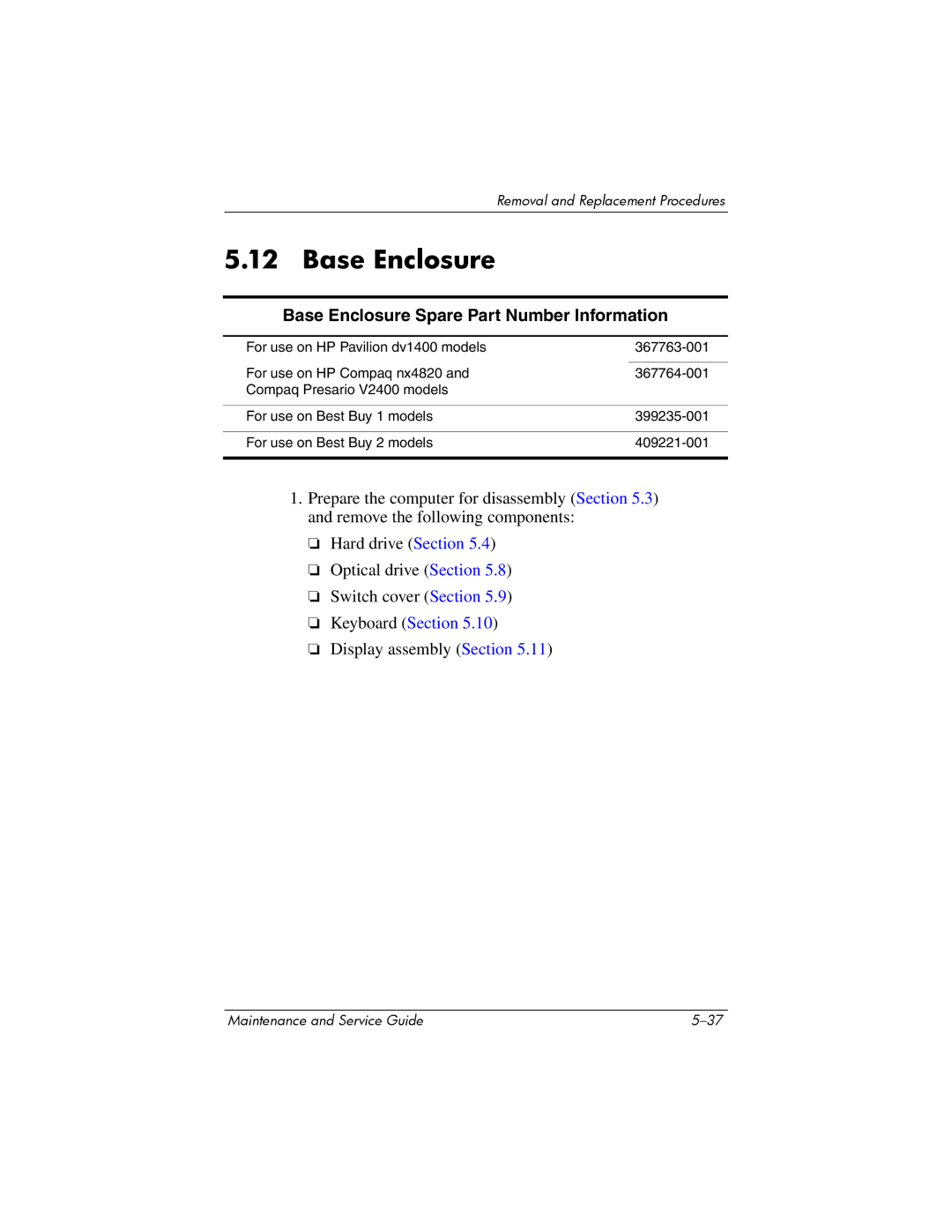 FHP DV1400 manual Base Enclosure Spare Part Number Information 