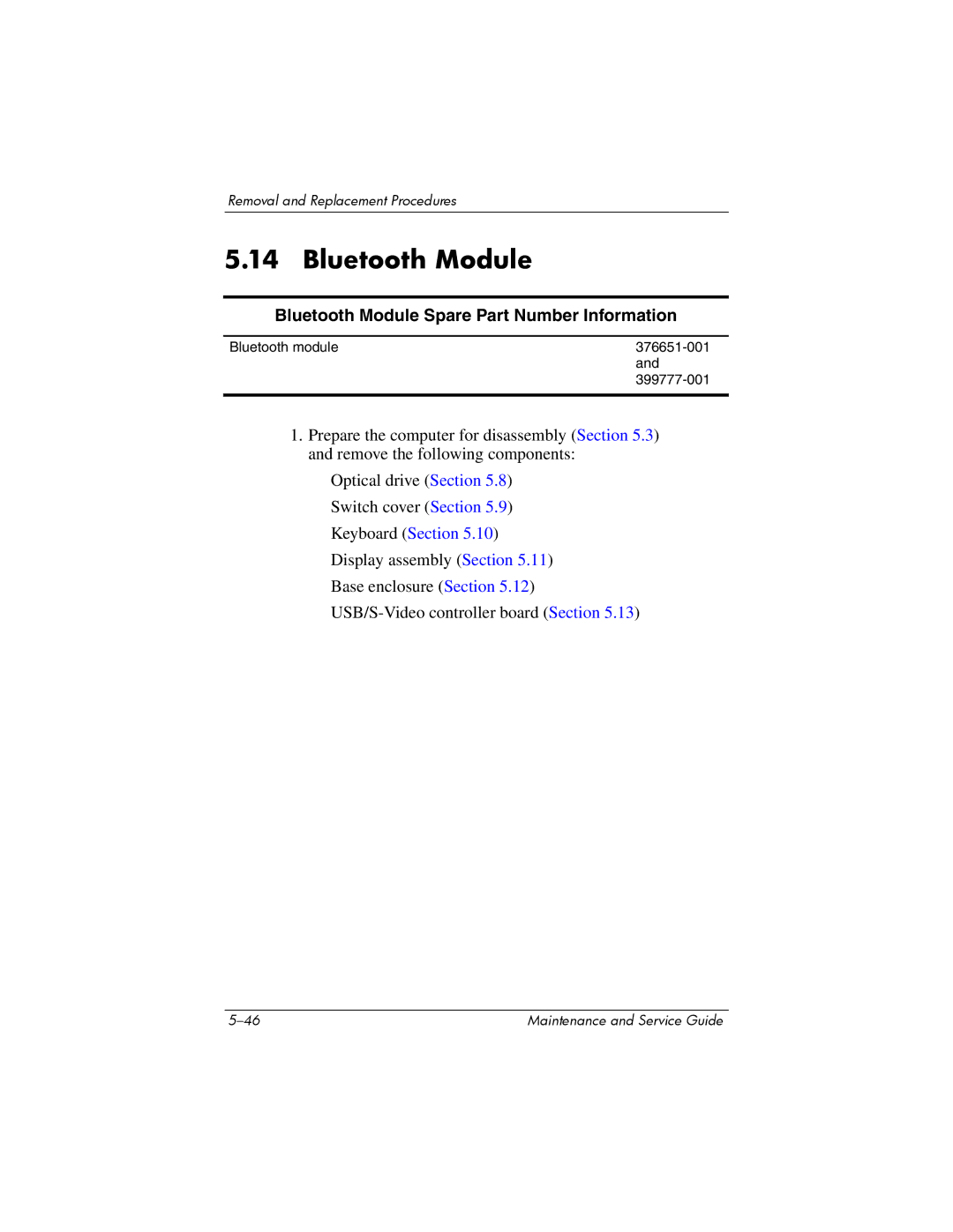 FHP DV1400 manual Bluetooth Module Spare Part Number Information 