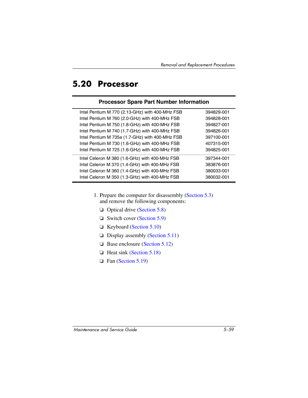 FHP DV1400 manual Processor Spare Part Number Information 