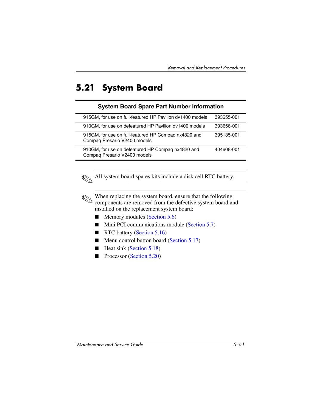 FHP DV1400 manual System Board Spare Part Number Information 