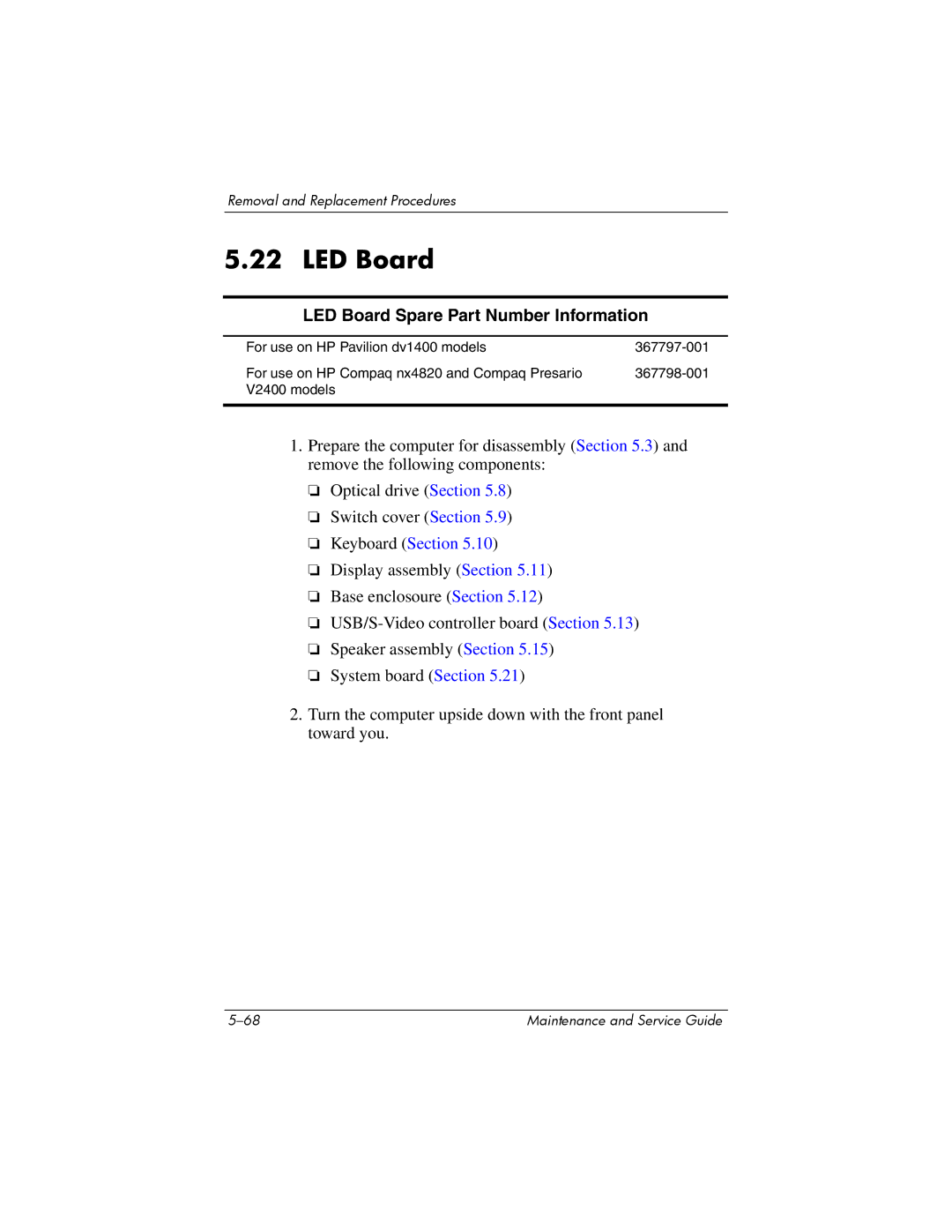 FHP DV1400 manual LED Board Spare Part Number Information 