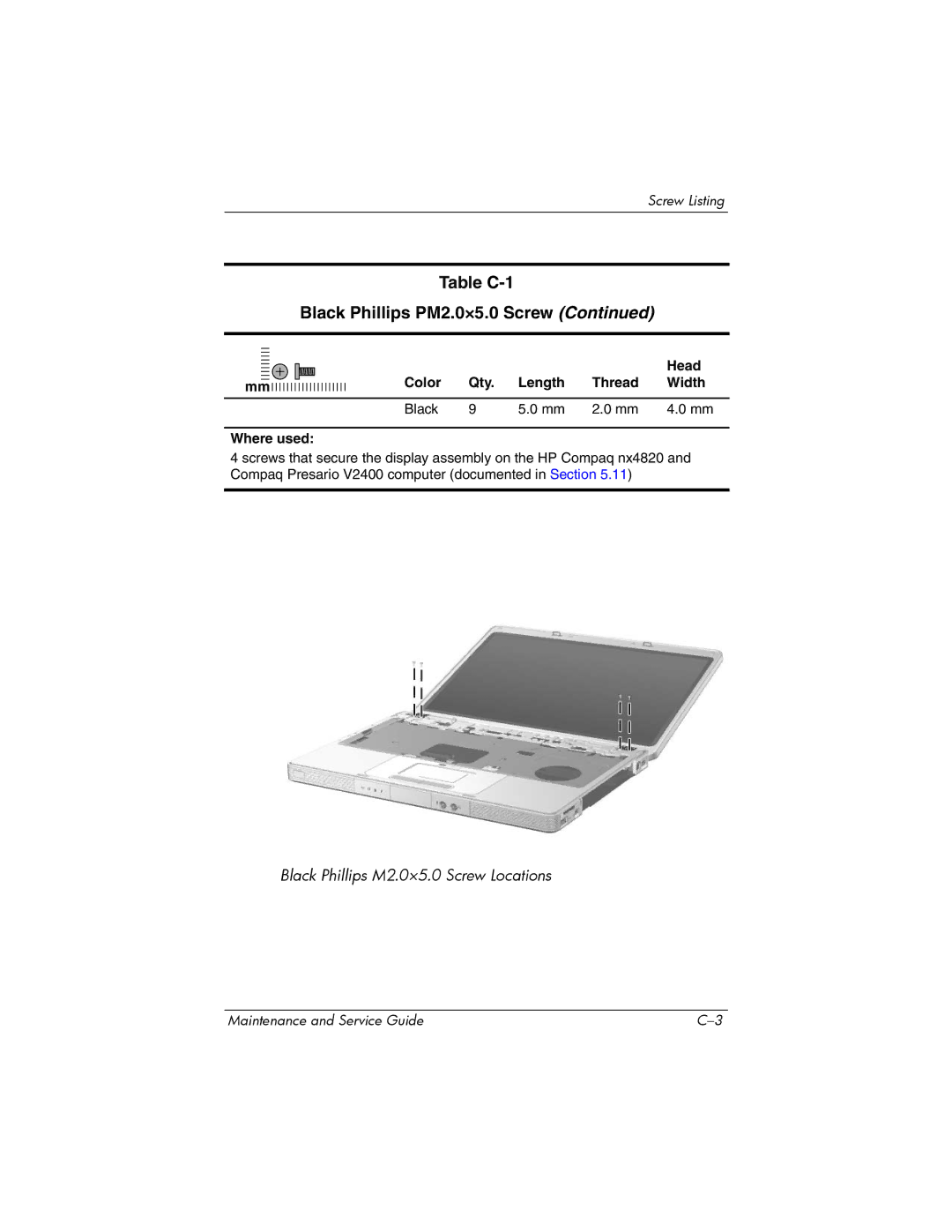 FHP DV1400 manual Table C-1 Black Phillips PM2.0×5.0 Screw 