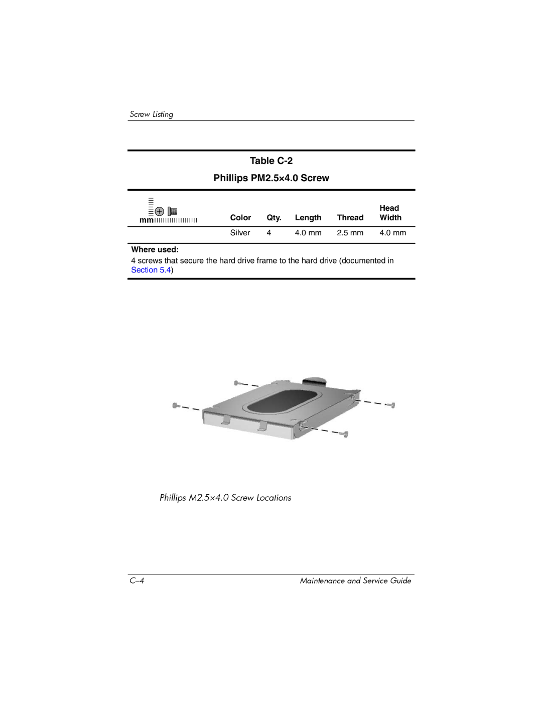 FHP DV1400 manual Table C-2 Phillips PM2.5×4.0 Screw, Color Qty Length Thread Width Silver Where used 