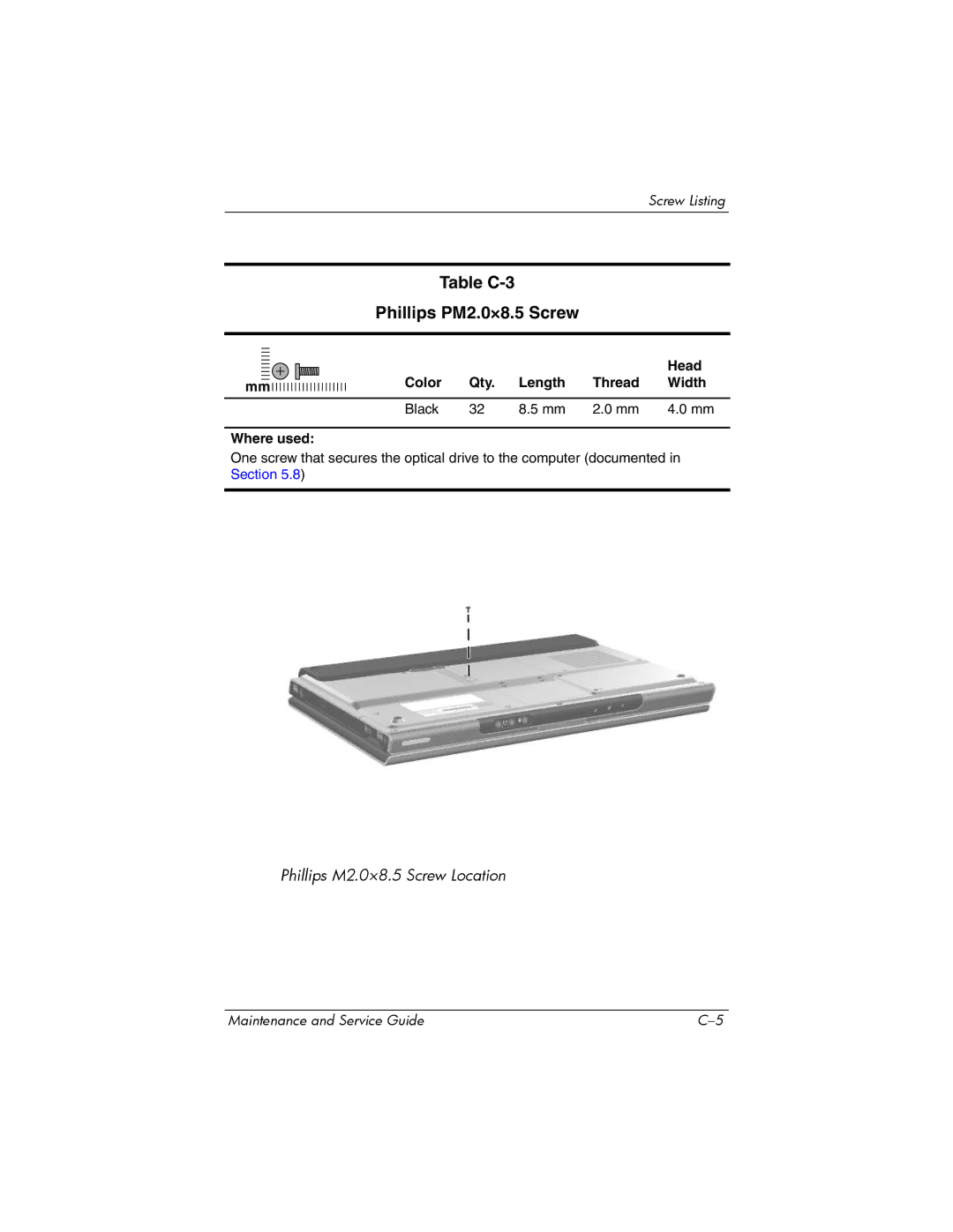 FHP DV1400 manual Table C-3 Phillips PM2.0×8.5 Screw 