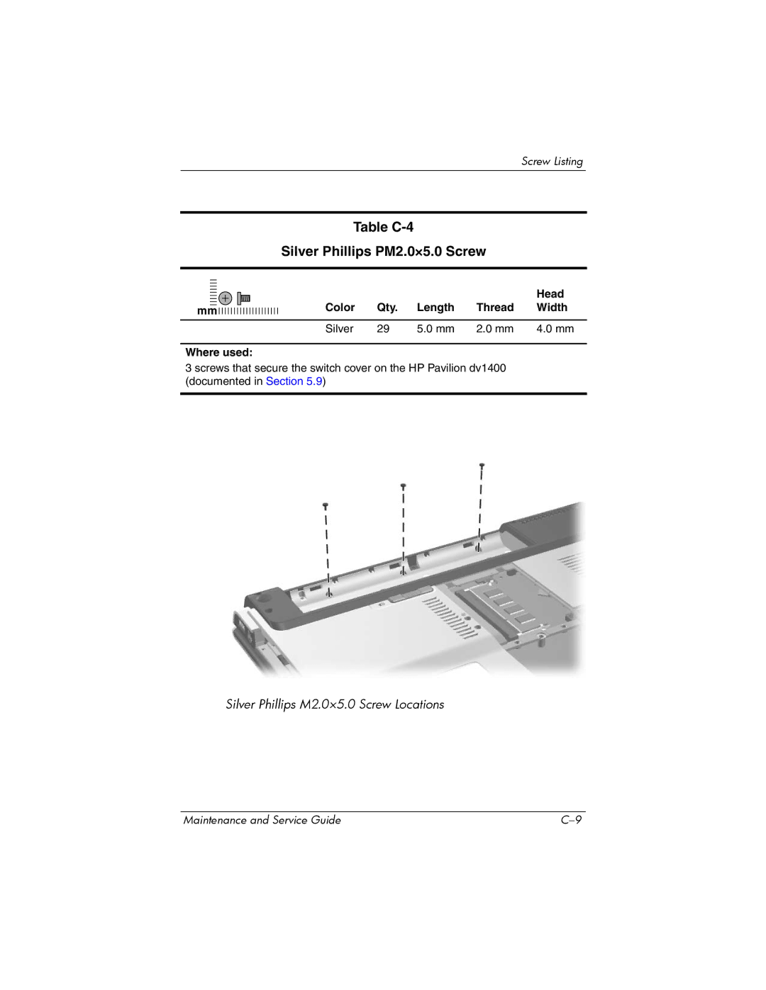 FHP DV1400 manual Table C-4 Silver Phillips PM2.0×5.0 Screw, Color Qty Length Thread Width Silver Where used 