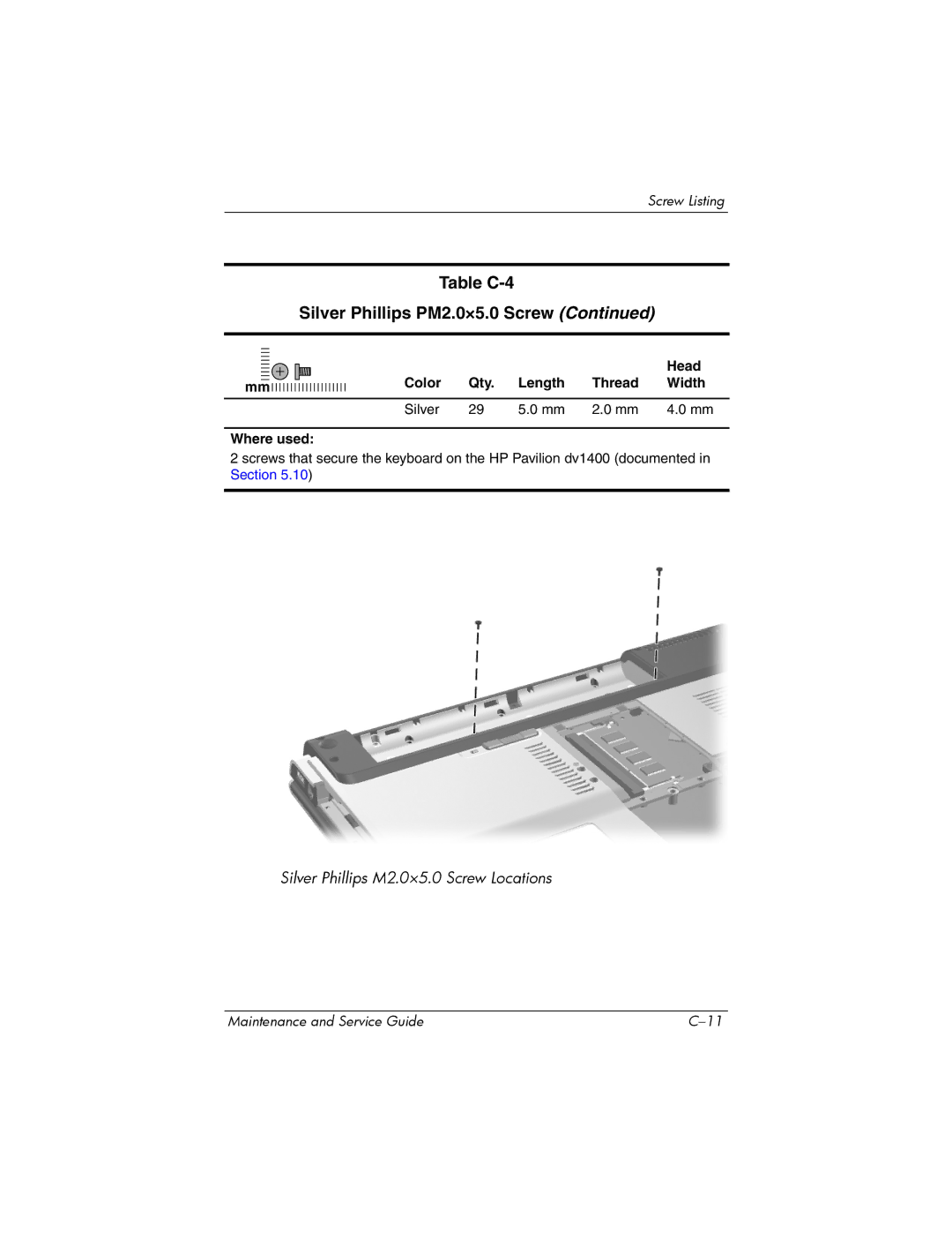 FHP DV1400 manual Table C-4 Silver Phillips PM2.0×5.0 Screw 