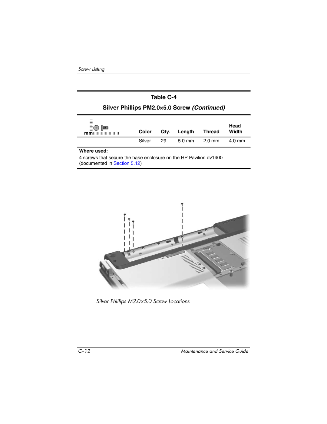 FHP DV1400 manual Table C-4 Silver Phillips PM2.0×5.0 Screw 