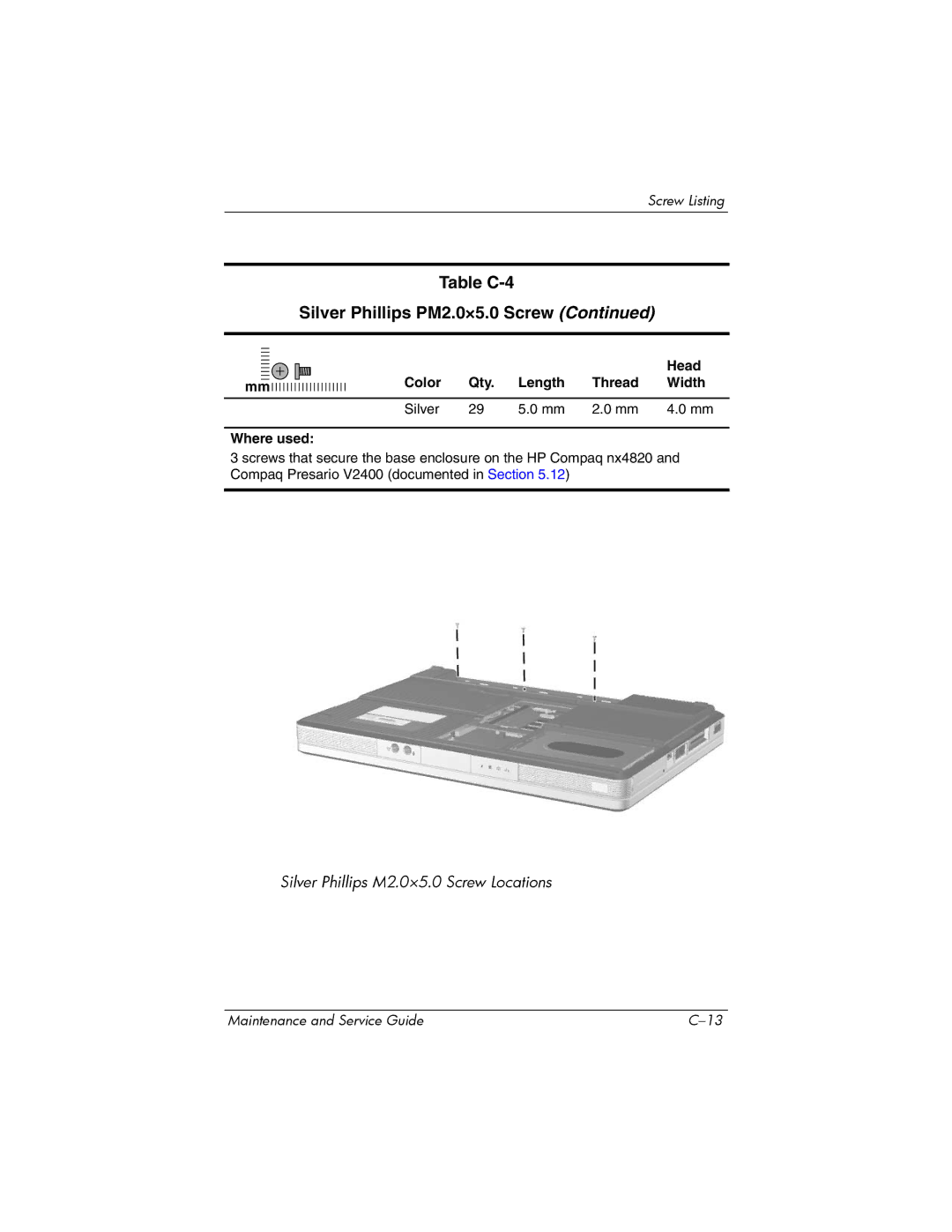 FHP DV1400 manual Table C-4 Silver Phillips PM2.0×5.0 Screw 