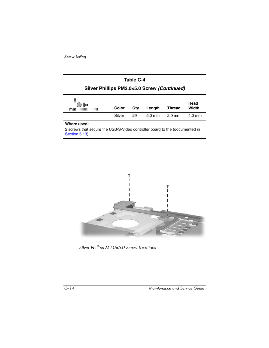 FHP DV1400 manual Table C-4 Silver Phillips PM2.0×5.0 Screw 