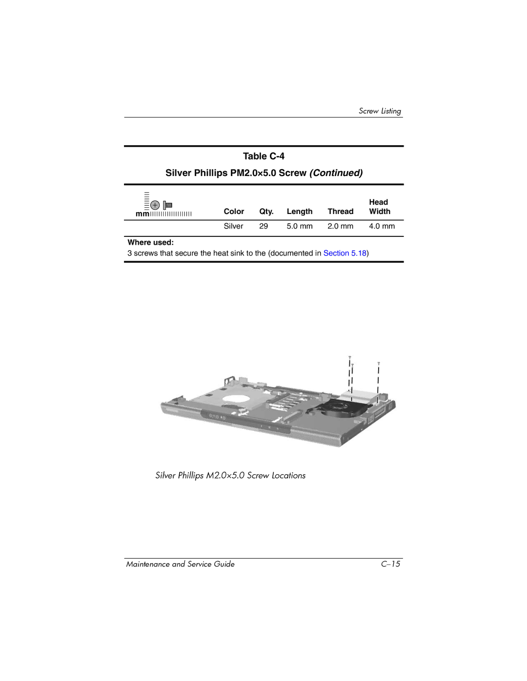 FHP DV1400 manual Table C-4 Silver Phillips PM2.0×5.0 Screw 