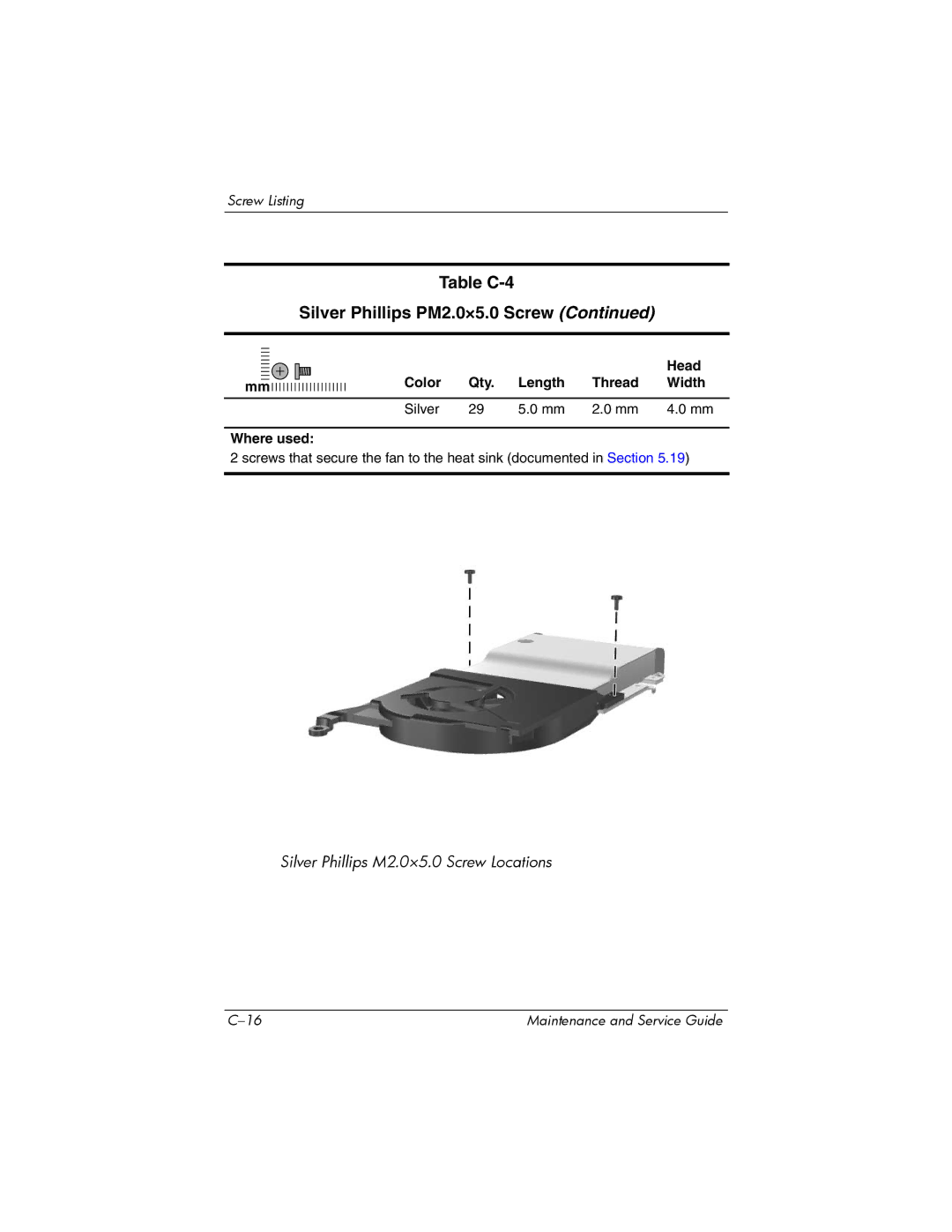 FHP DV1400 manual Table C-4 Silver Phillips PM2.0×5.0 Screw 