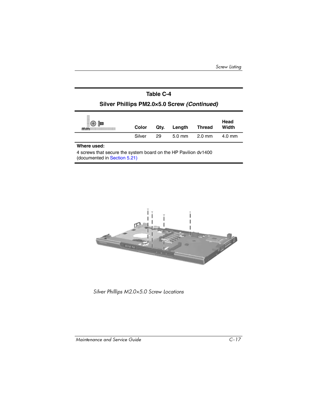 FHP DV1400 manual Table C-4 Silver Phillips PM2.0×5.0 Screw 