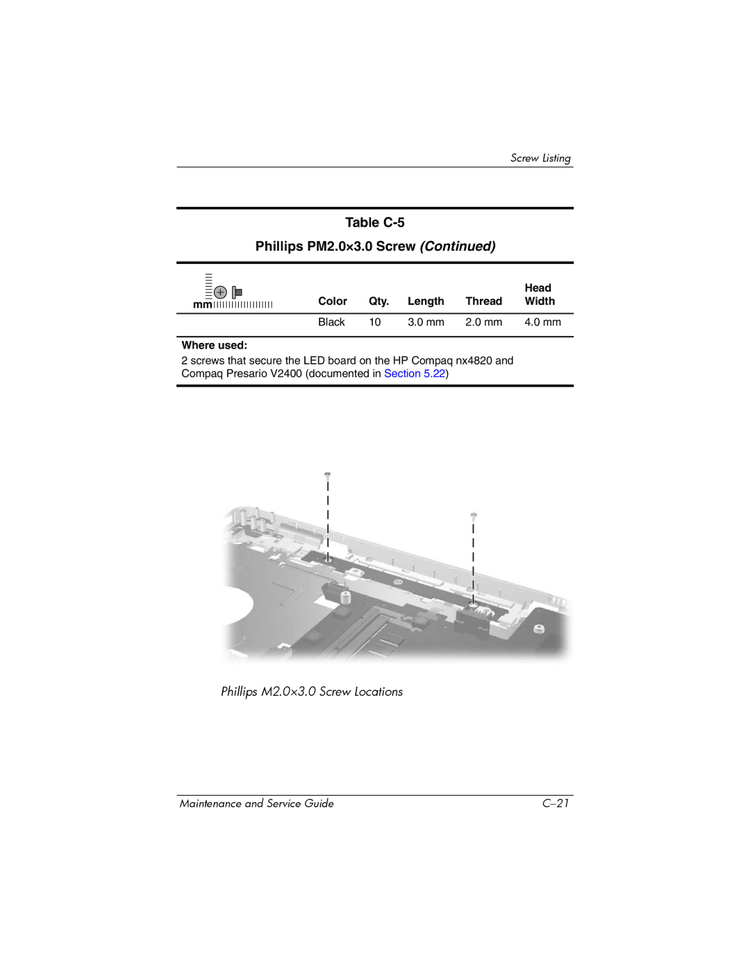 FHP DV1400 manual Table C-5 Phillips PM2.0×3.0 Screw 