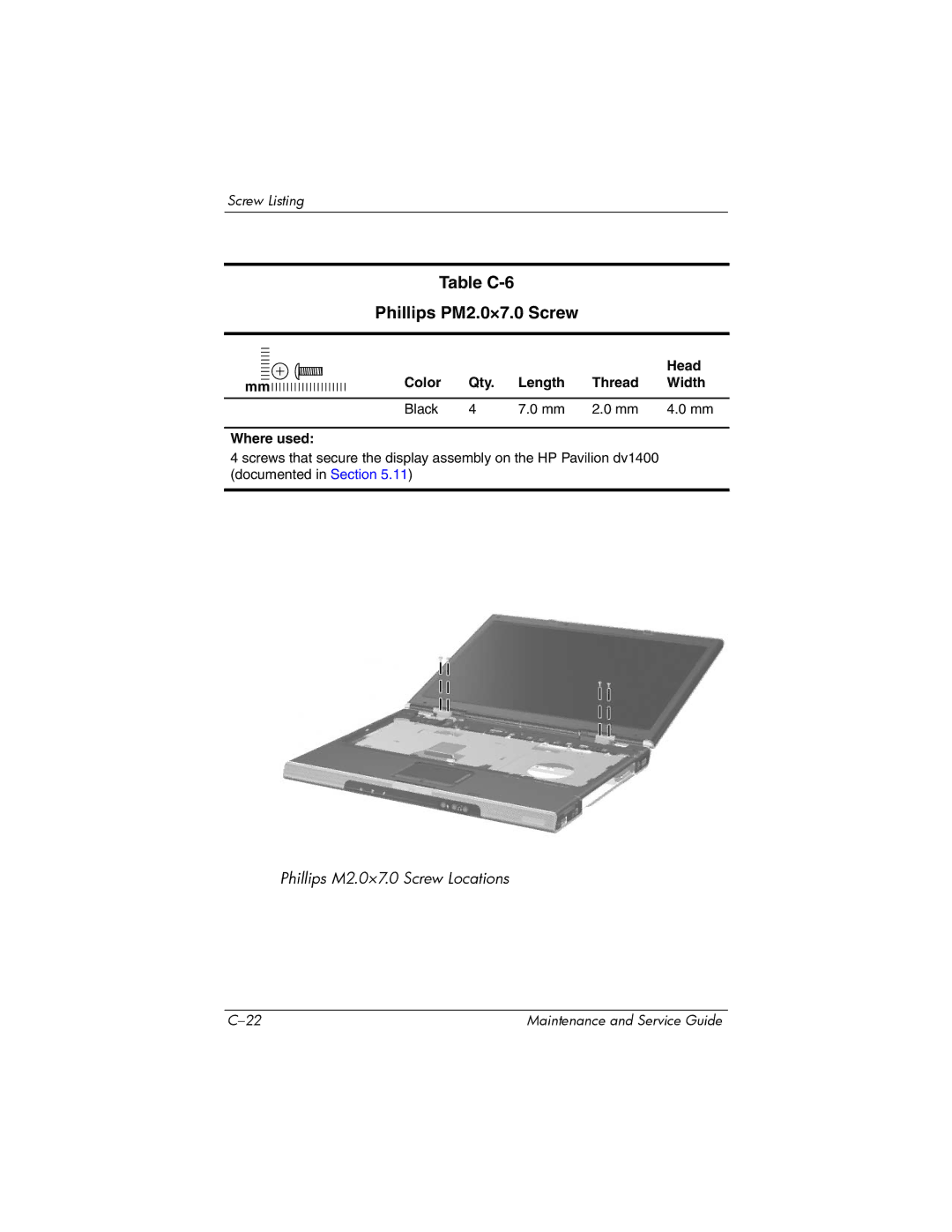 FHP DV1400 manual Table C-6 Phillips PM2.0×7.0 Screw 