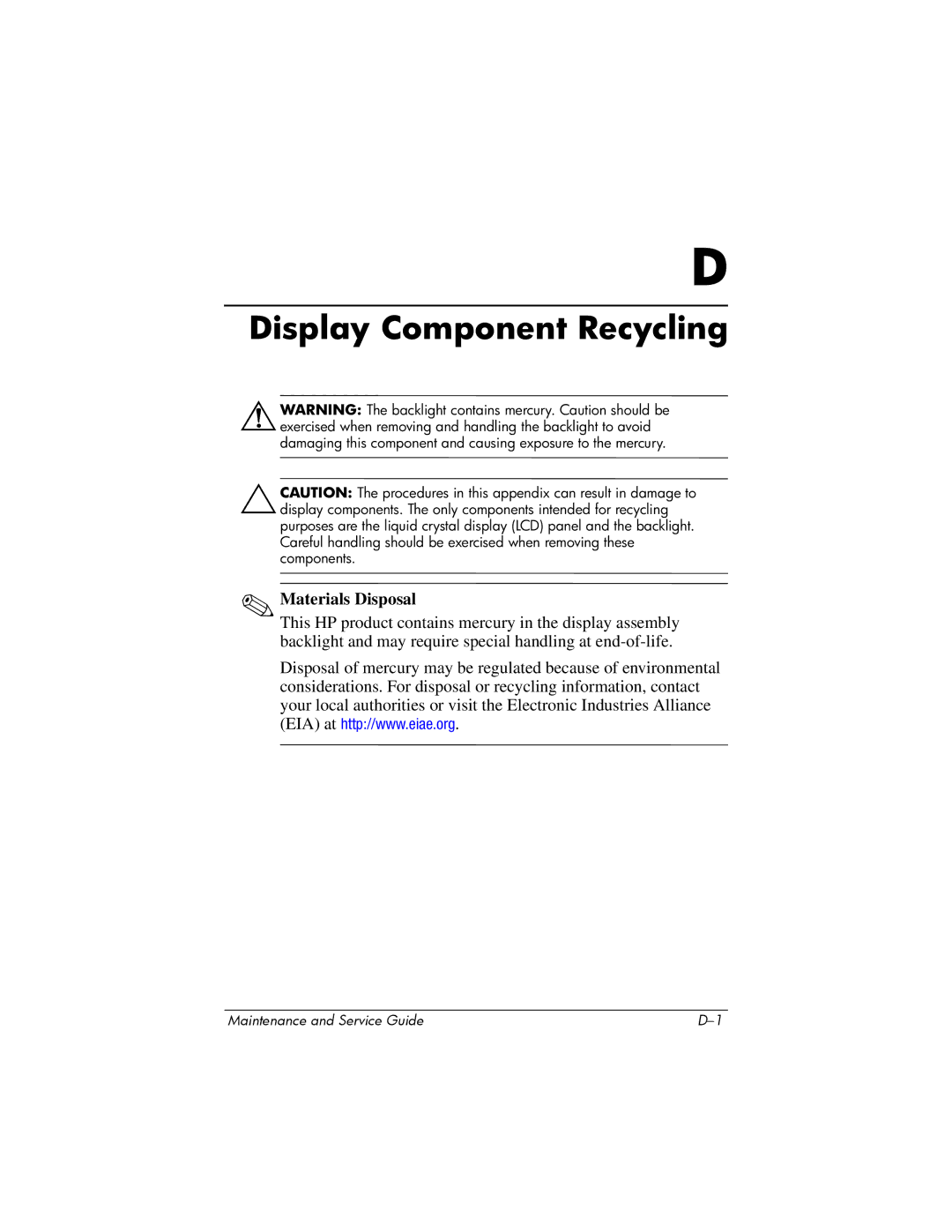 FHP DV1400 manual Display Component Recycling 