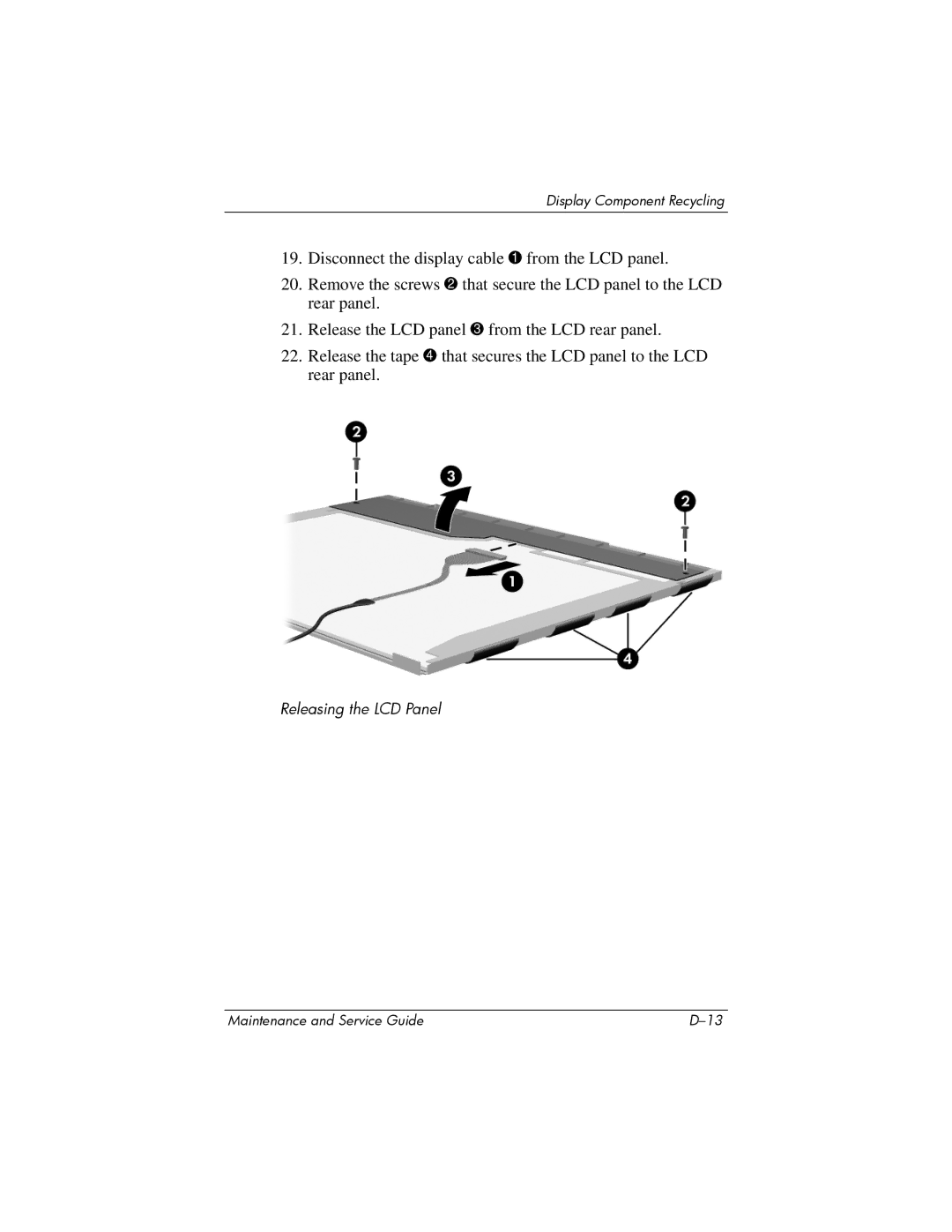 FHP DV1400 manual Releasing the LCD Panel 