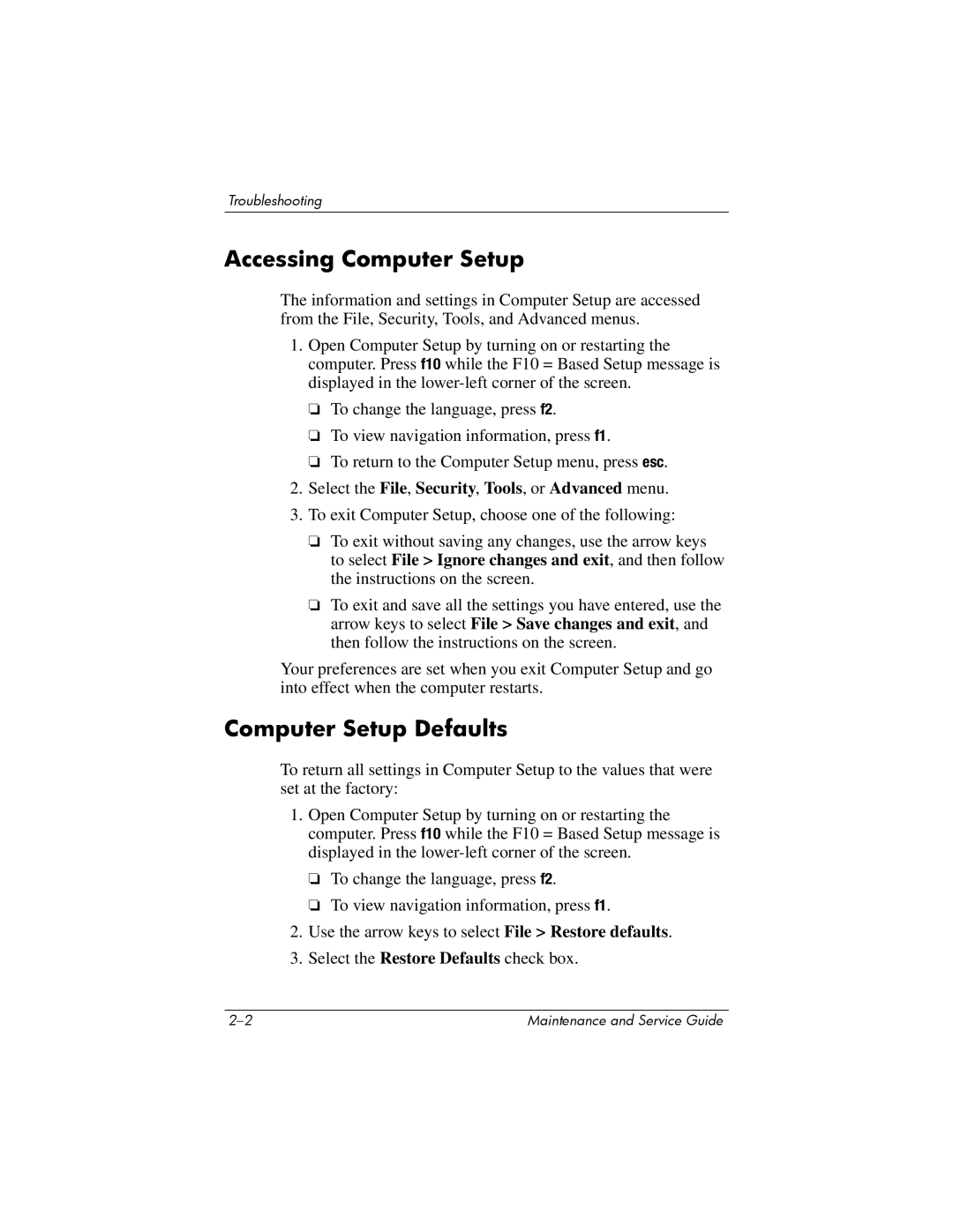 FHP DV1400 manual Accessing Computer Setup 