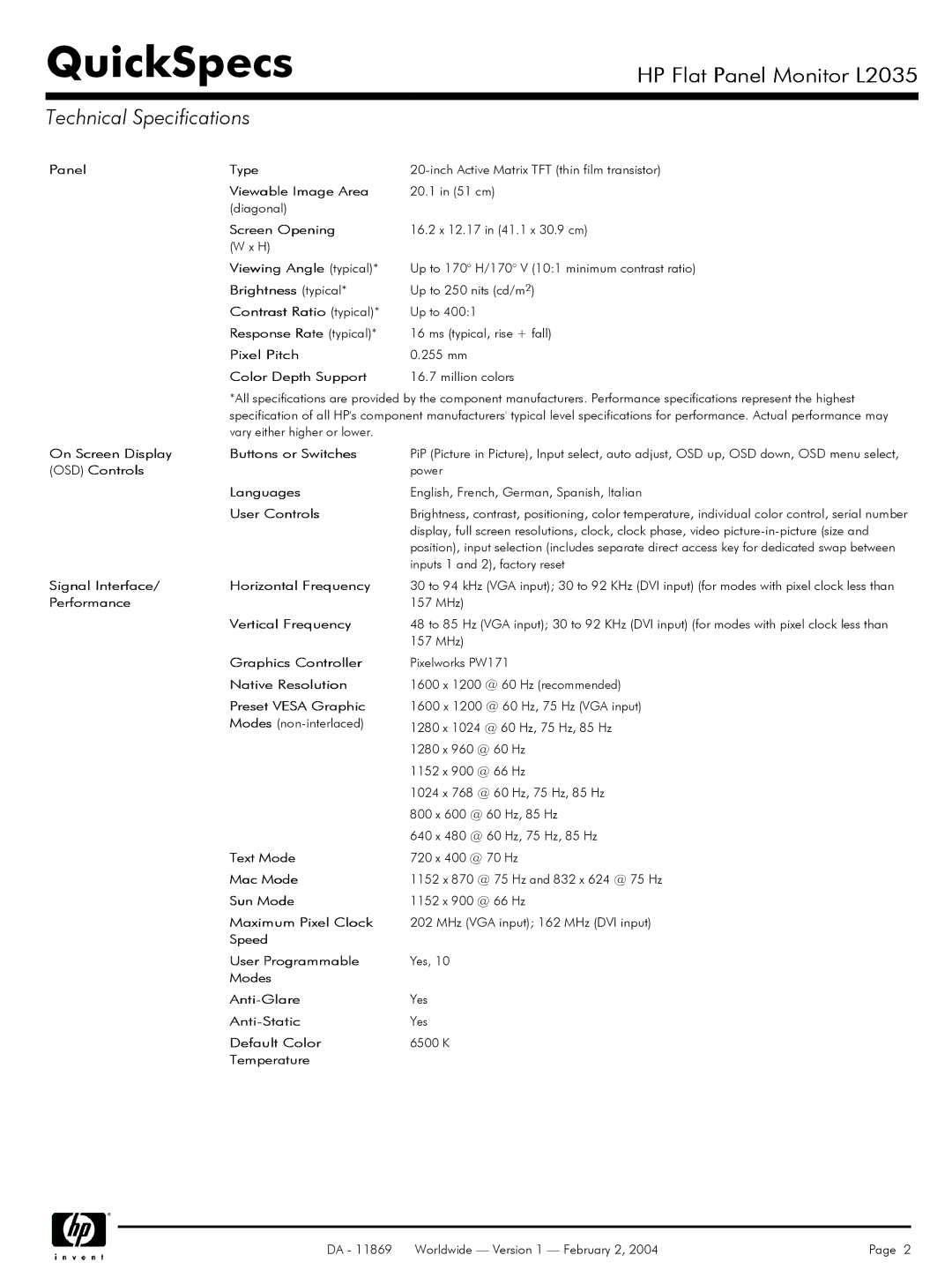 FHP L2035 manual Technical Specifications 