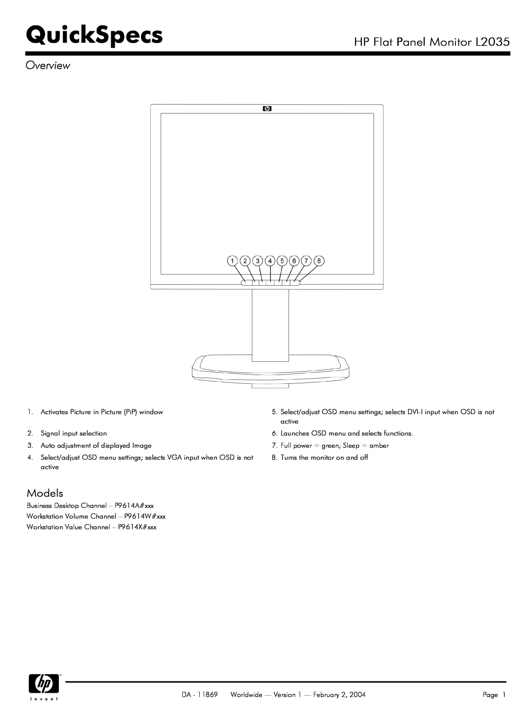 FHP manual QuickSpecs, HP Flat Panel Monitor L2035, Overview, Models 