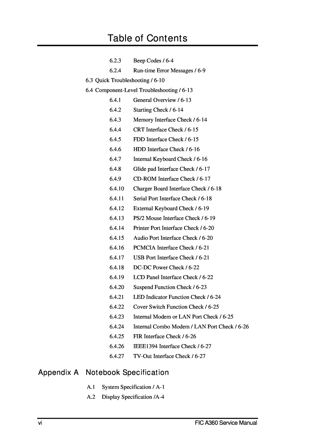 FIC A360 service manual Appendix A Notebook Specification, Table of Contents 