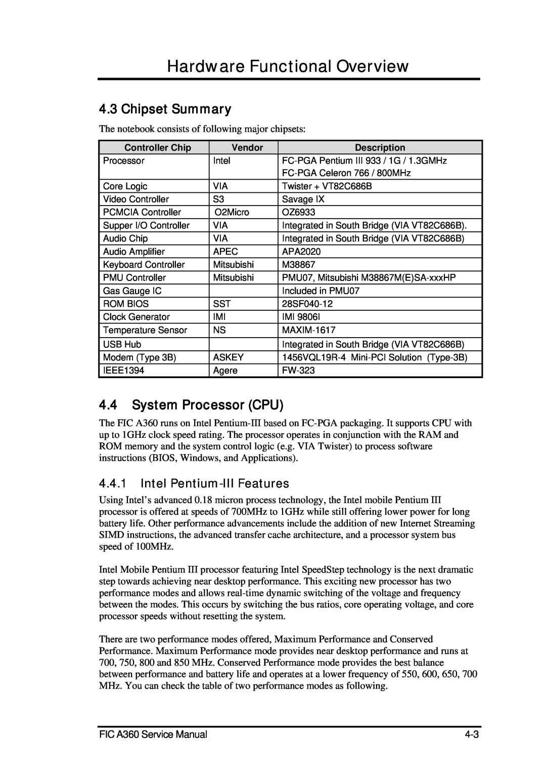 FIC A360 service manual Chipset Summary, System Processor CPU, Intel Pentium-III Features, Hardware Functional Overview 