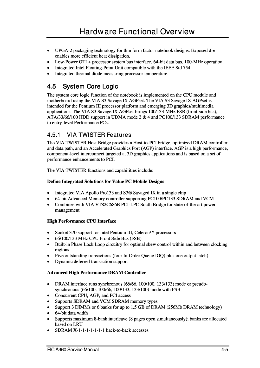 FIC A360 System Core Logic, VIA TWISTER Features, Hardware Functional Overview, High Performance CPU Interface 