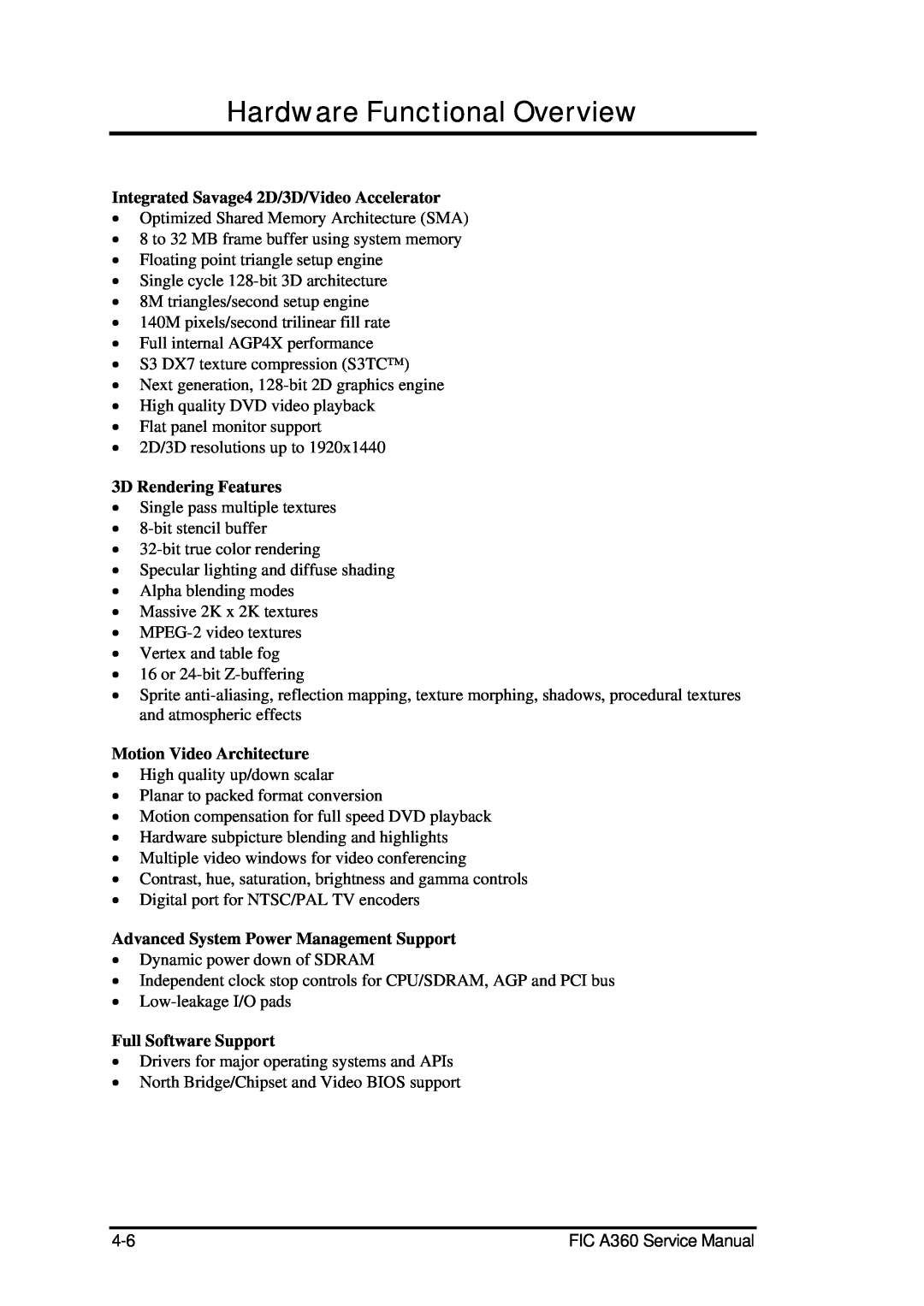 FIC A360 service manual Hardware Functional Overview, Integrated Savage4 2D/3D/Video Accelerator, 3D Rendering Features 