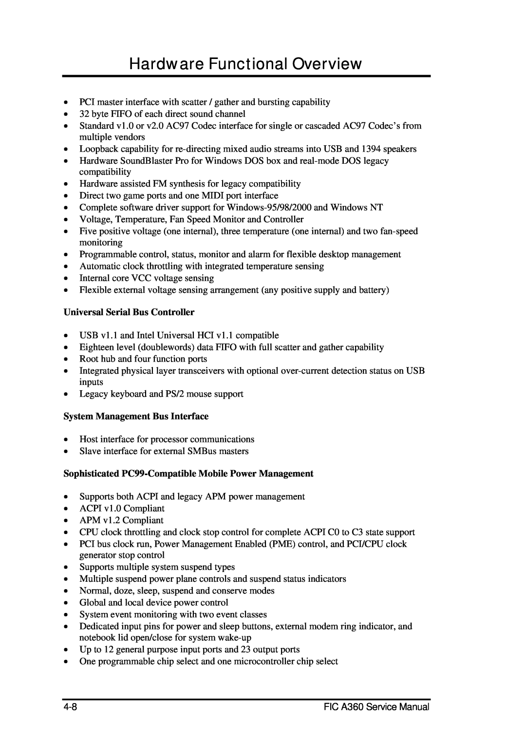 FIC A360 service manual Hardware Functional Overview, Universal Serial Bus Controller, System Management Bus Interface 