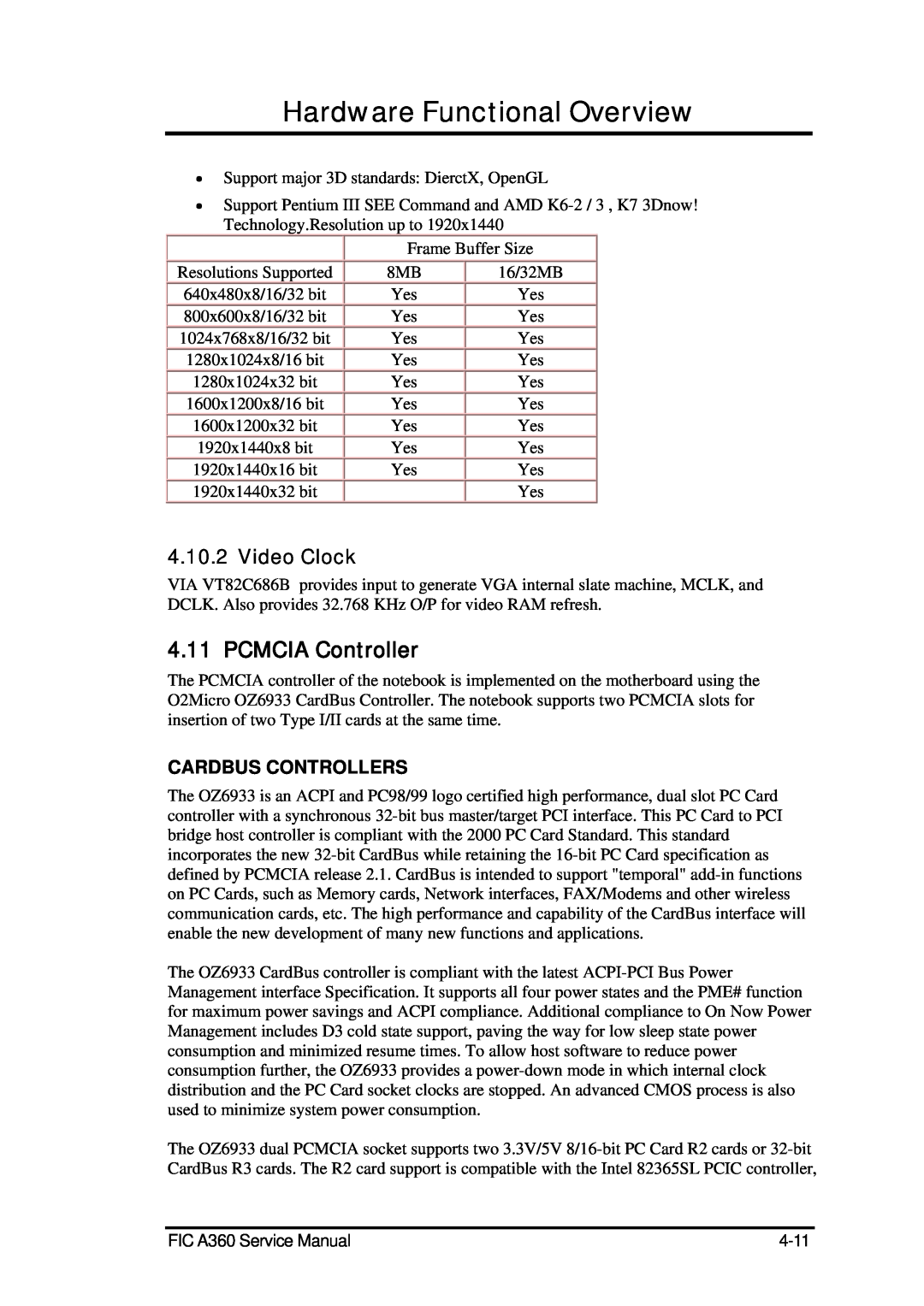 FIC A360 service manual PCMCIA Controller, Video Clock, Cardbus Controllers, Hardware Functional Overview 