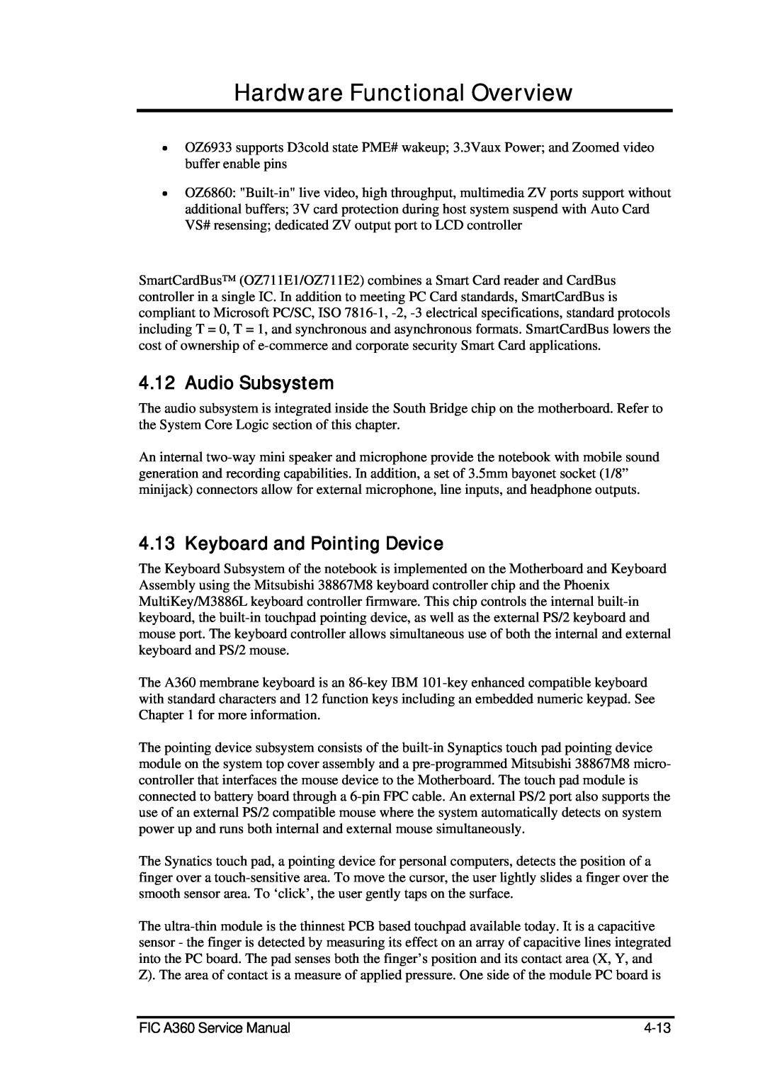 FIC A360 service manual Audio Subsystem, Keyboard and Pointing Device, Hardware Functional Overview 