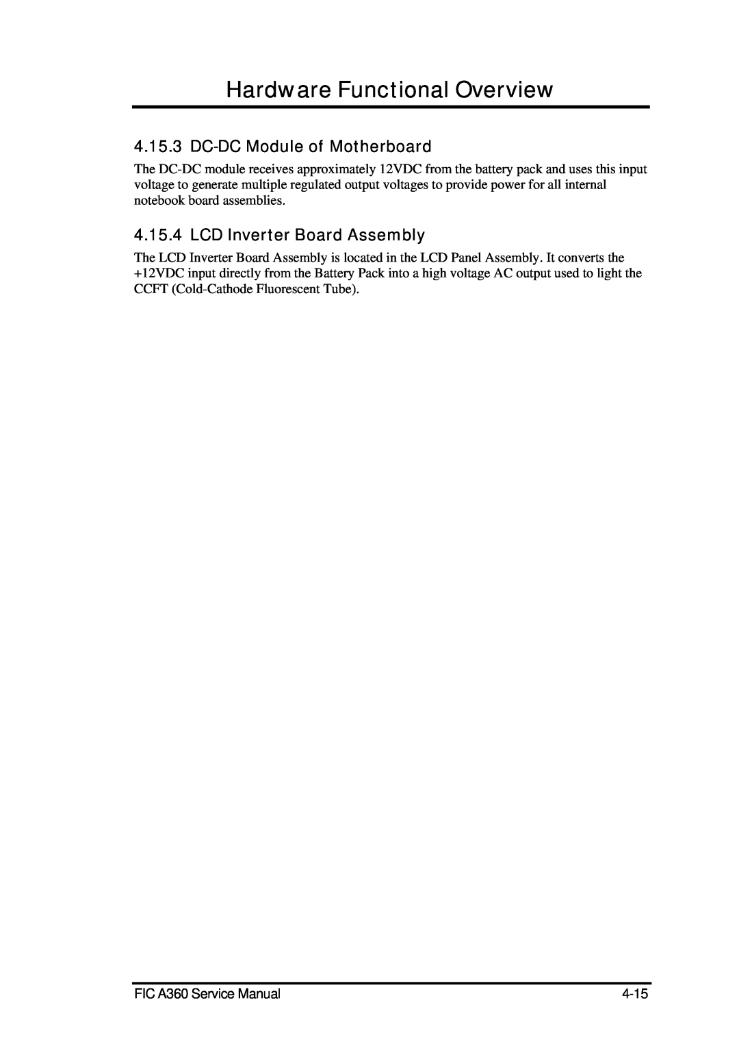 FIC A360 service manual DC-DC Module of Motherboard, LCD Inverter Board Assembly, Hardware Functional Overview 