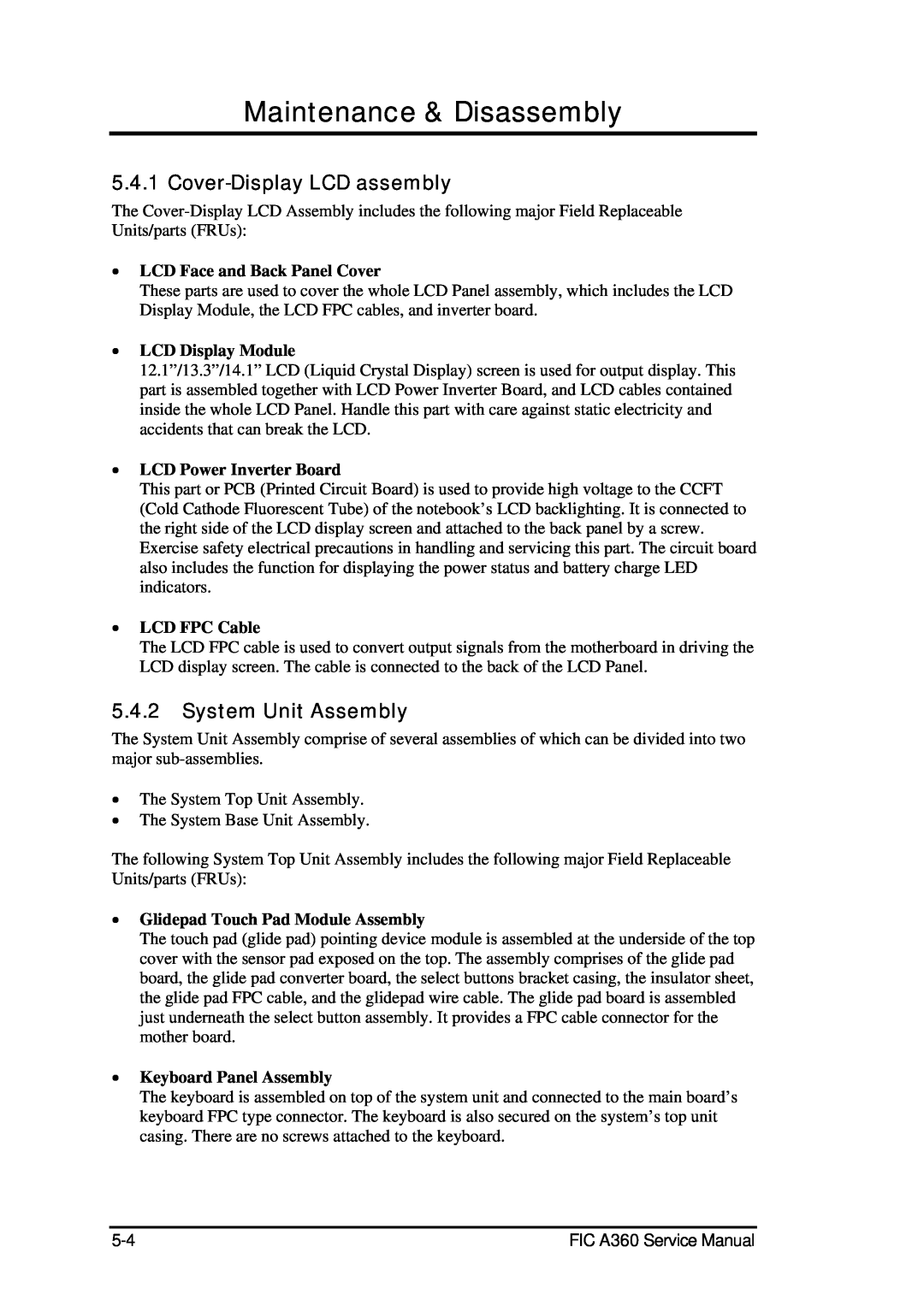 FIC A360 Cover-Display LCD assembly, System Unit Assembly, Maintenance & Disassembly, LCD Face and Back Panel Cover 