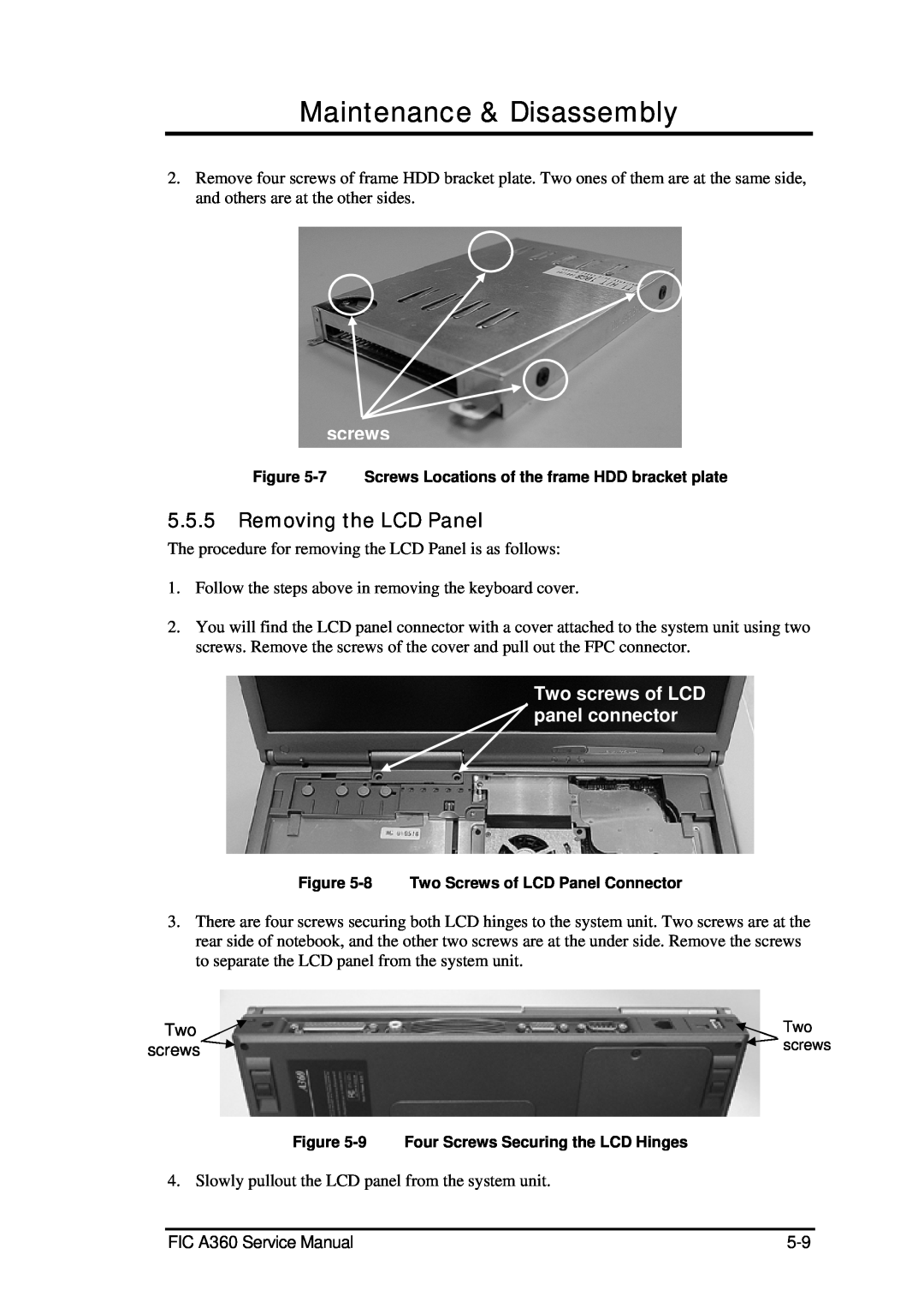 FIC A360 service manual Removing the LCD Panel, Two screws of LCD panel connector, Maintenance & Disassembly 