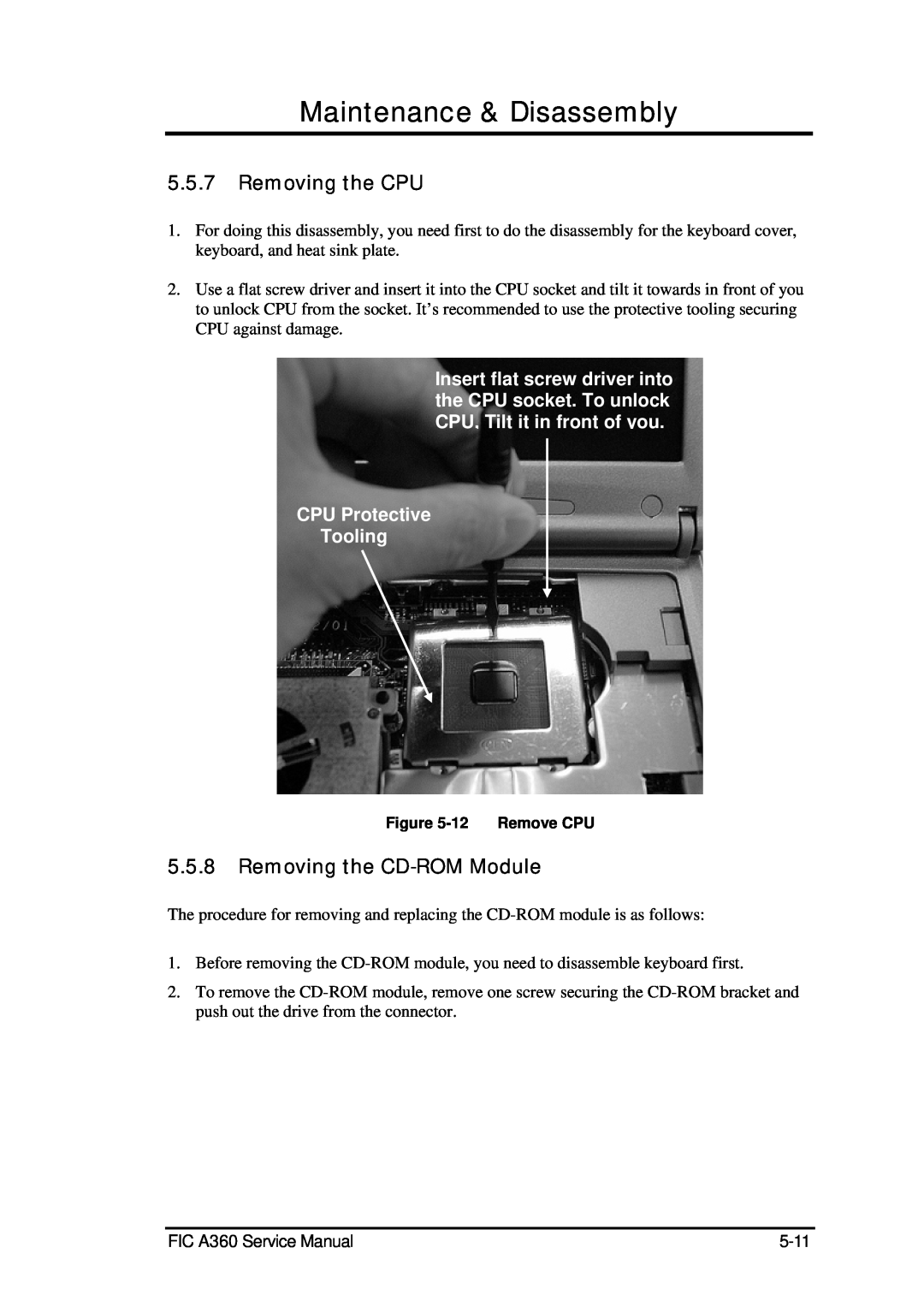 FIC A360 Removing the CPU, Removing the CD-ROM Module, Maintenance & Disassembly, CPU Protective Tooling, 12 Remove CPU 