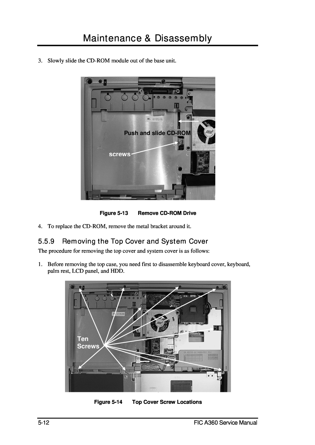 FIC A360 Removing the Top Cover and System Cover, Ten Screws, Maintenance & Disassembly, screws, Push and slide CD-ROM 