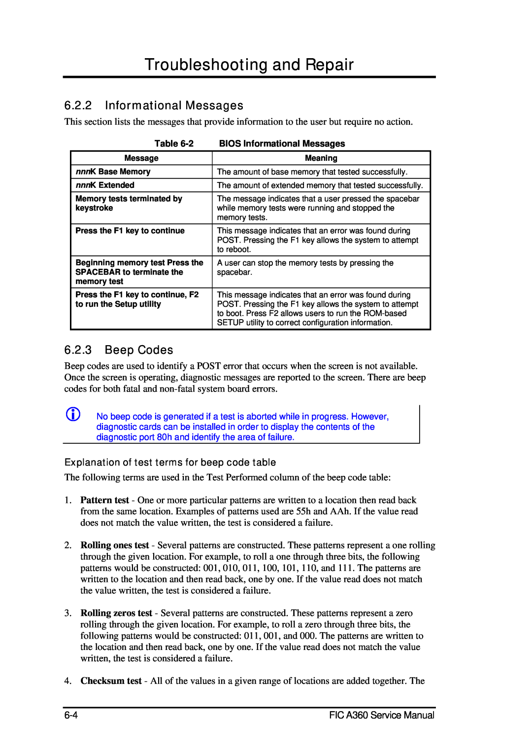 FIC A360 Informational Messages, Beep Codes, Troubleshooting and Repair, Explanation of test terms for beep code table 