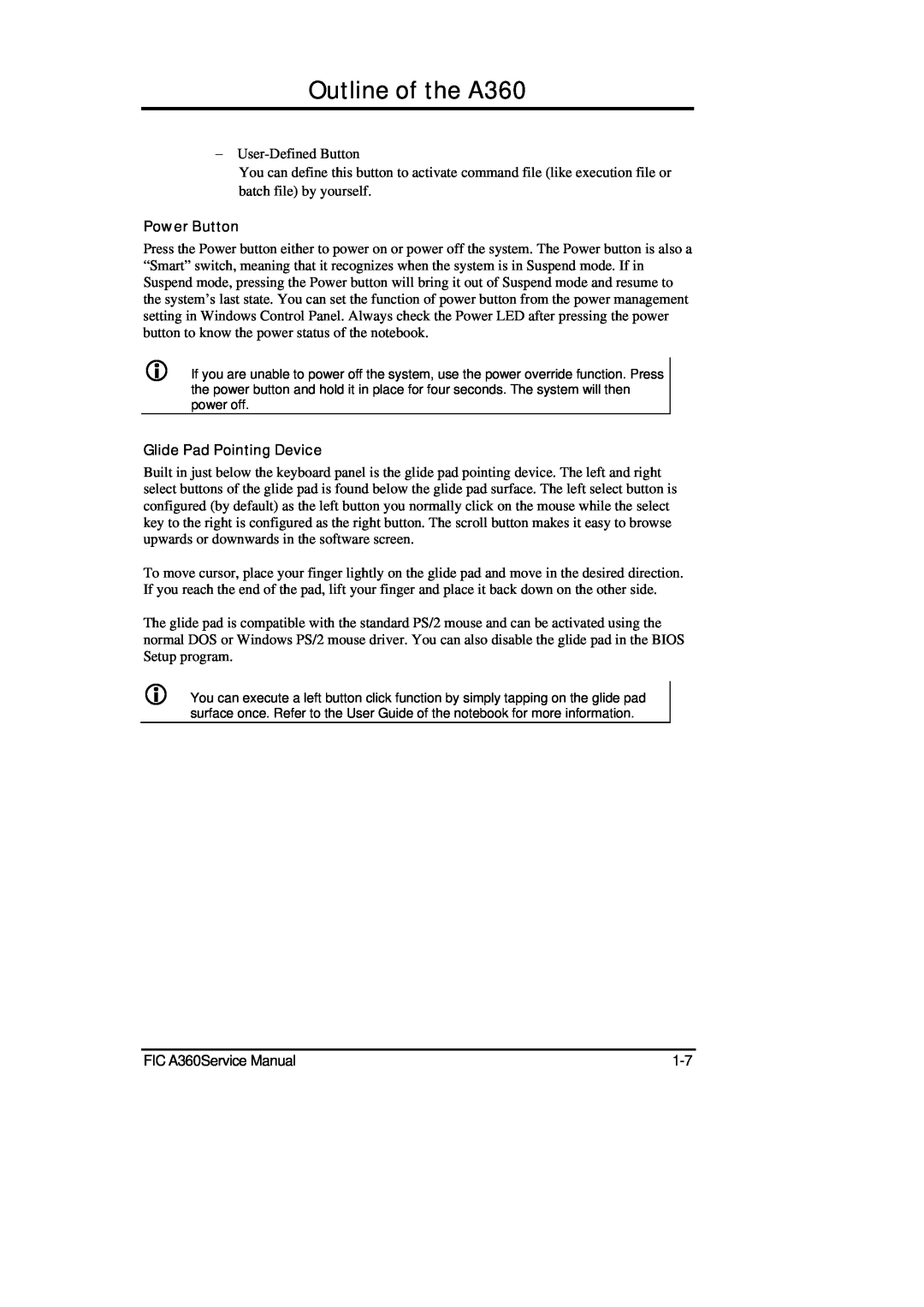 FIC service manual Outline of the A360, Power Button, Glide Pad Pointing Device 