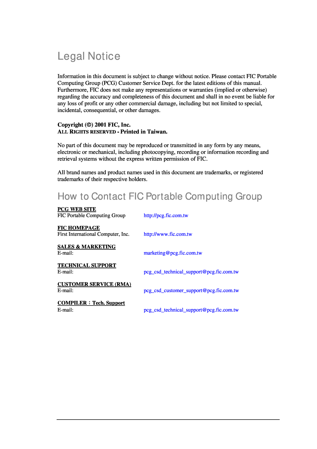 FIC A360 service manual Legal Notice, How to Contact FIC Portable Computing Group 