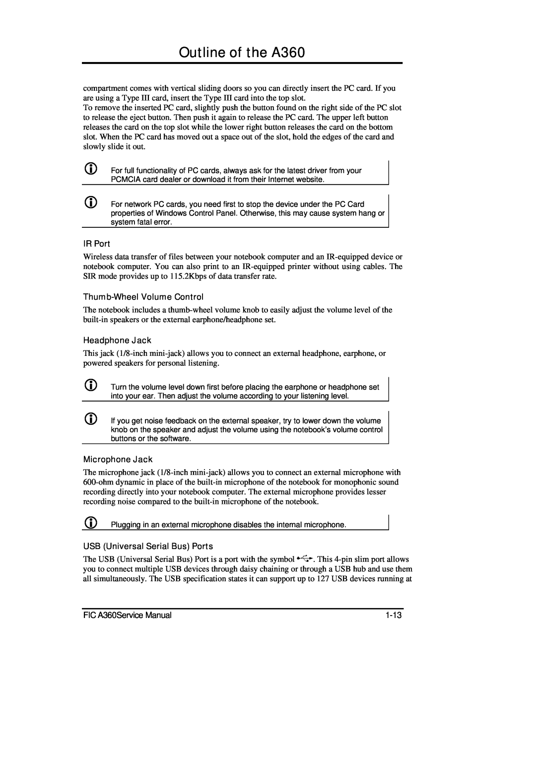 FIC service manual Outline of the A360, IR Port, Thumb-Wheel Volume Control, Headphone Jack, Microphone Jack 