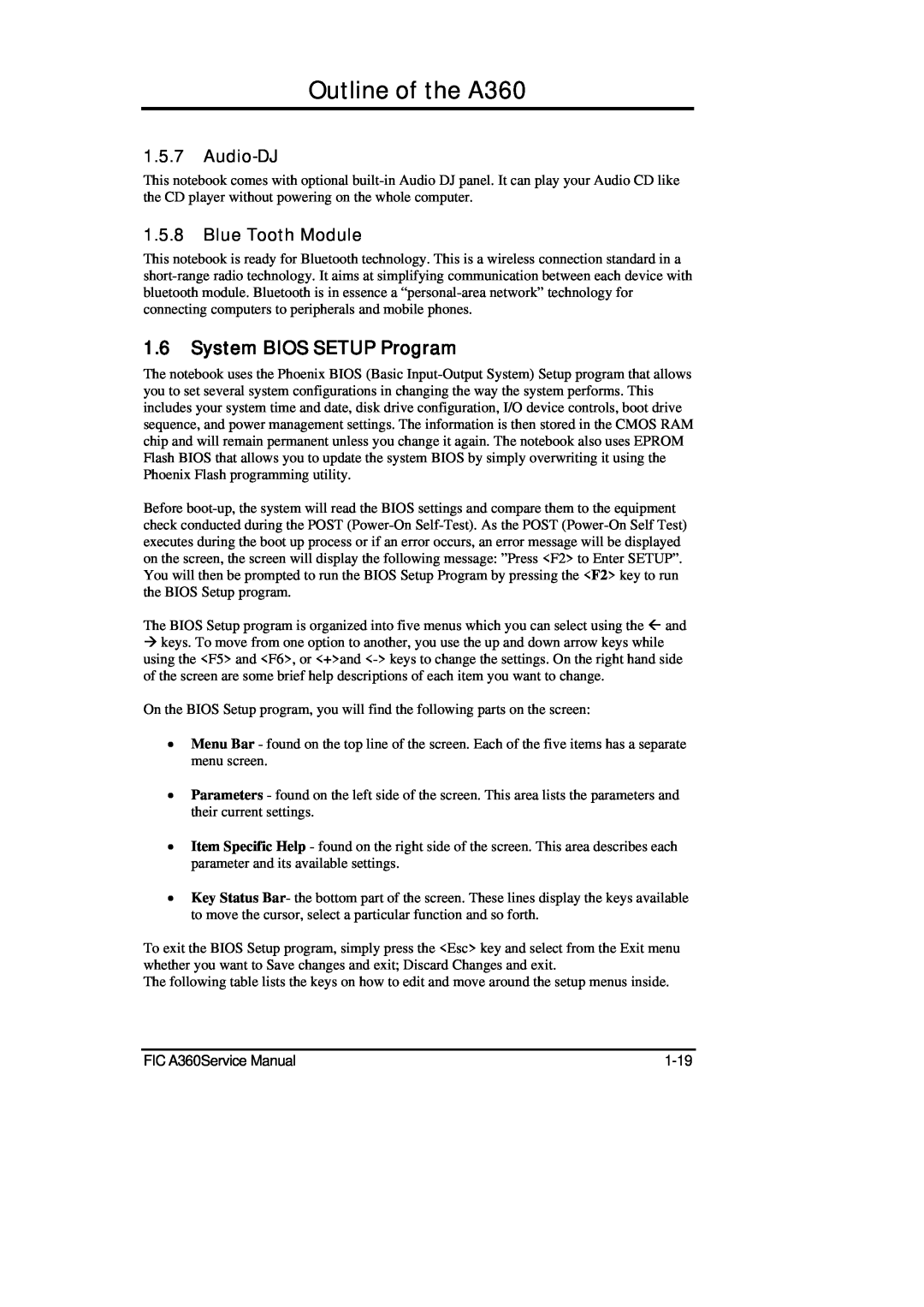 FIC service manual System BIOS SETUP Program, Outline of the A360, Audio-DJ, Blue Tooth Module 