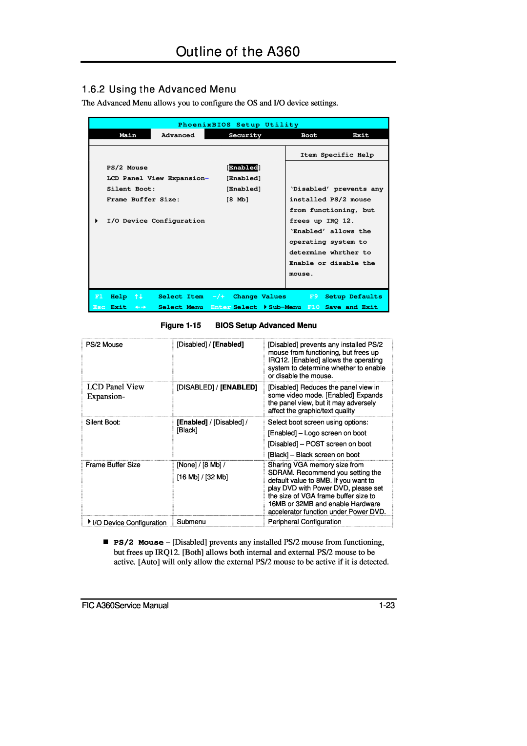 FIC Outline of the A360, Using the Advanced Menu, 15 BIOS Setup Advanced Menu, PhoenixBIOS Setup, Utility, Main, Boot 