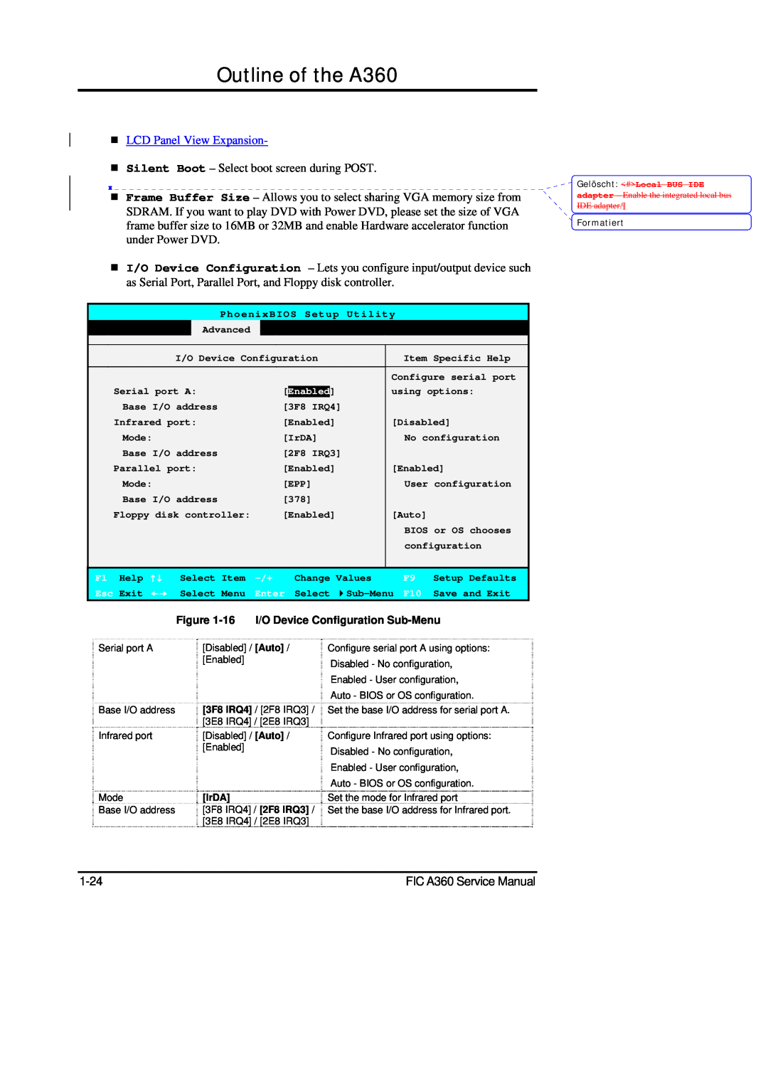 FIC service manual Outline of the A360, „ LCD Panel View Expansion, „ Silent Boot - Select boot screen during POST 